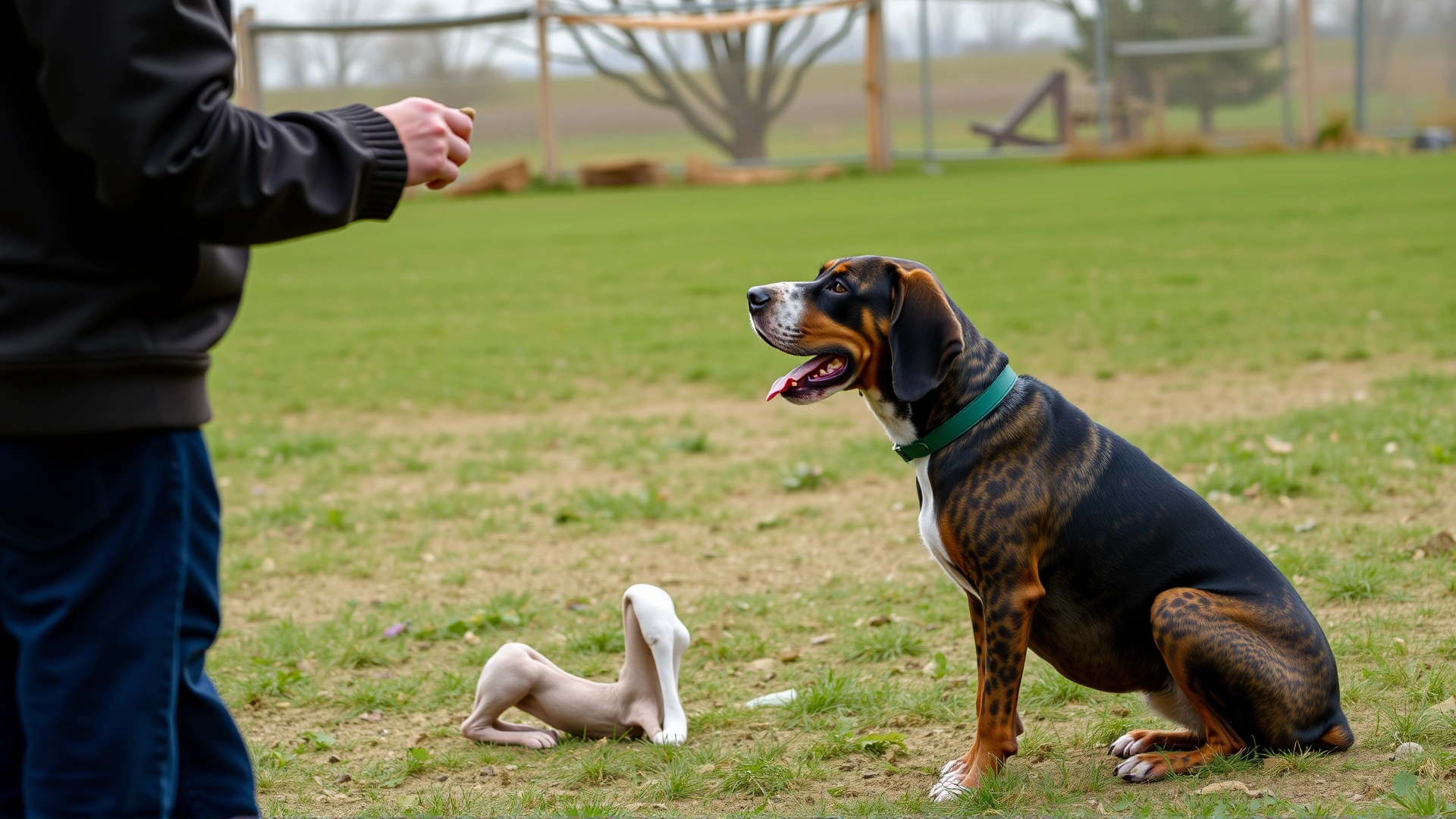 Obedience training scene: American English Coonhound sitting attentively while trainer offers a treat in a fenced field