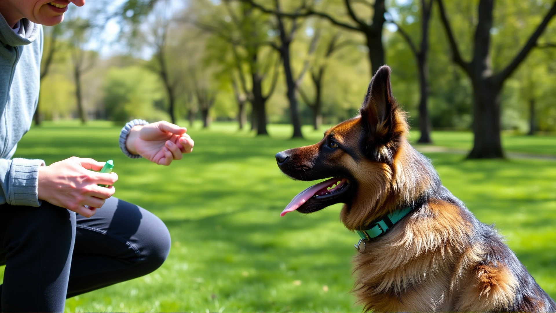 Owner using clicker and treats to train an attentive Belgian Sheepdog in a green park, bright daylight