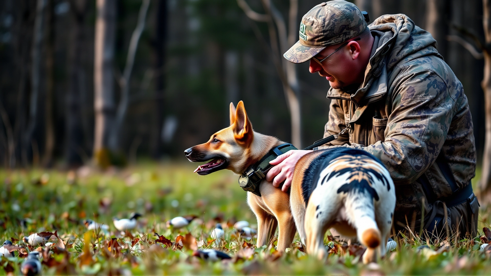 Professional dog trainer in camouflage gear teaching a young hunting dog retrieving commands in a wooded area
