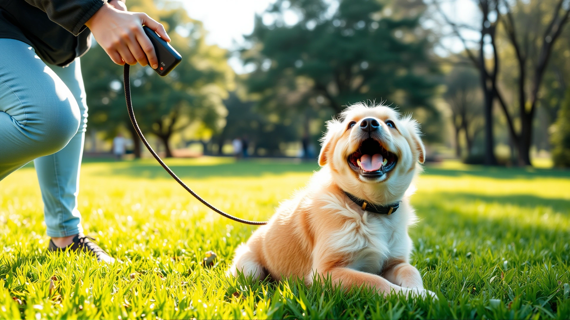 Outdoor scene of a person using a clicker to train a young dog in a park, bright green grass, cheerful mood