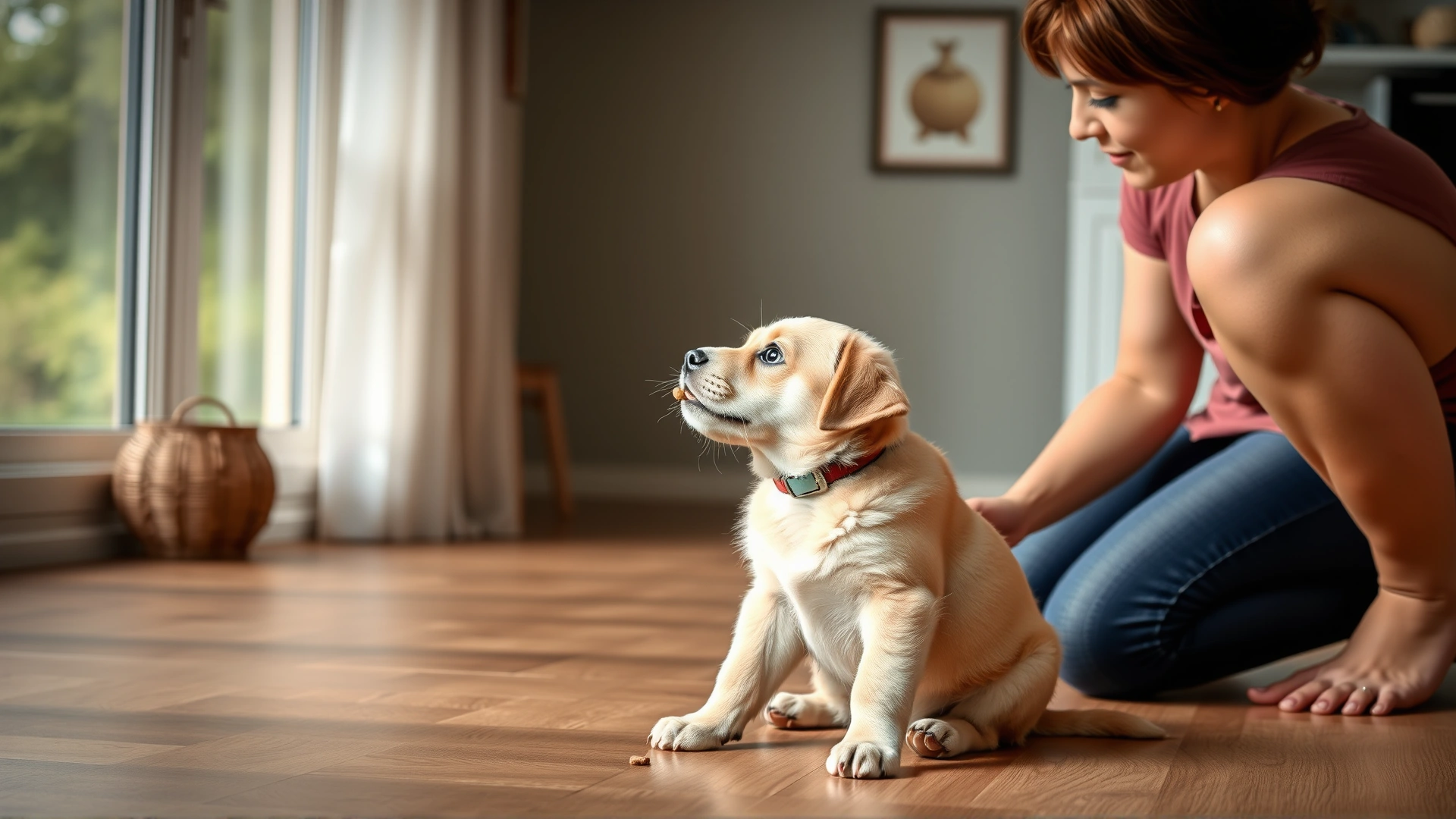 Indoor shot of a person kneeling and offering a treat to a puppy that has just responded to its name, showing positive reinforcement in action.
