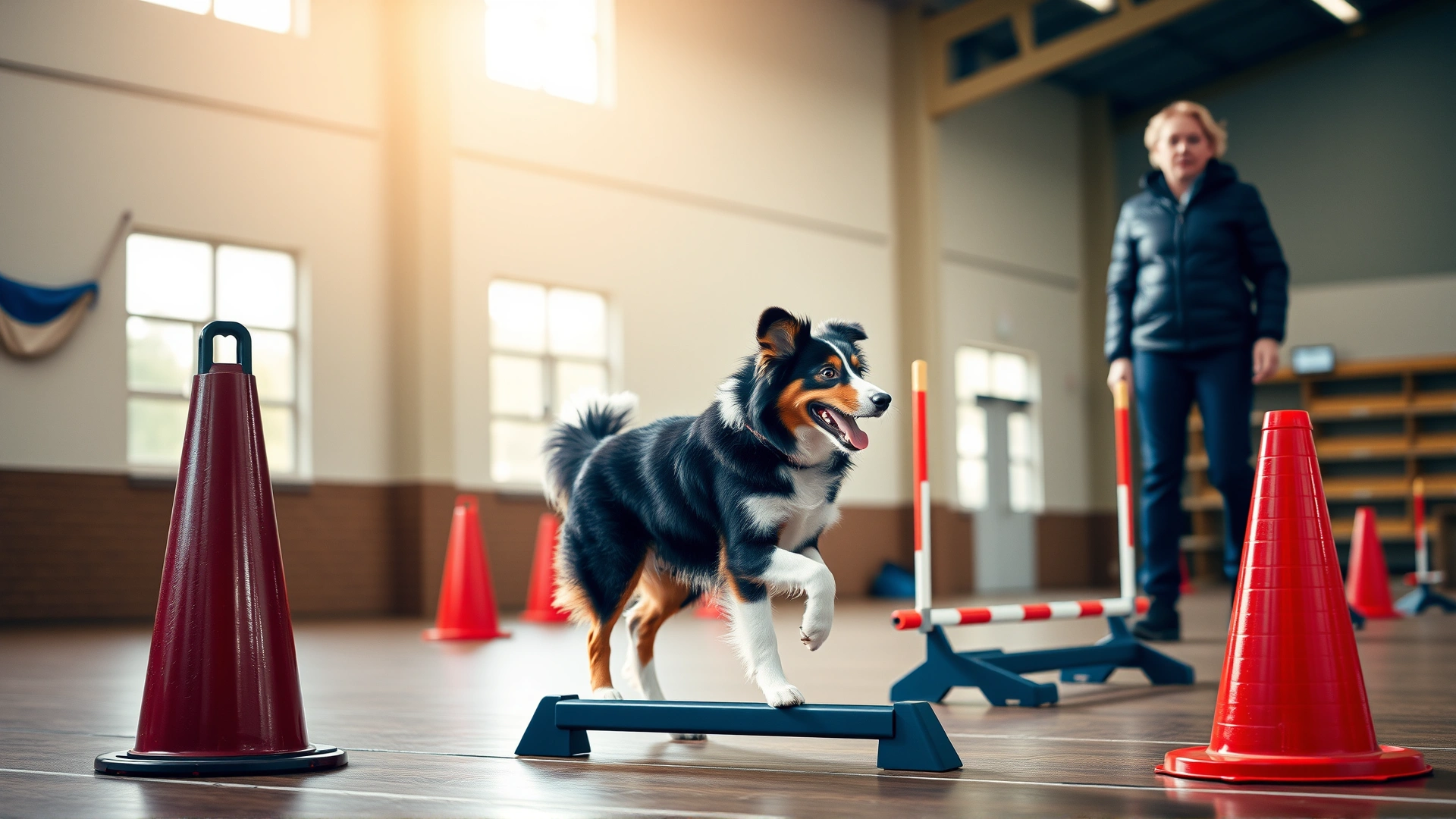 Indoor training scene with a young Australian Shepherd and a trainer practicing recall and single-hurdle jumps using cones, bright sports hall