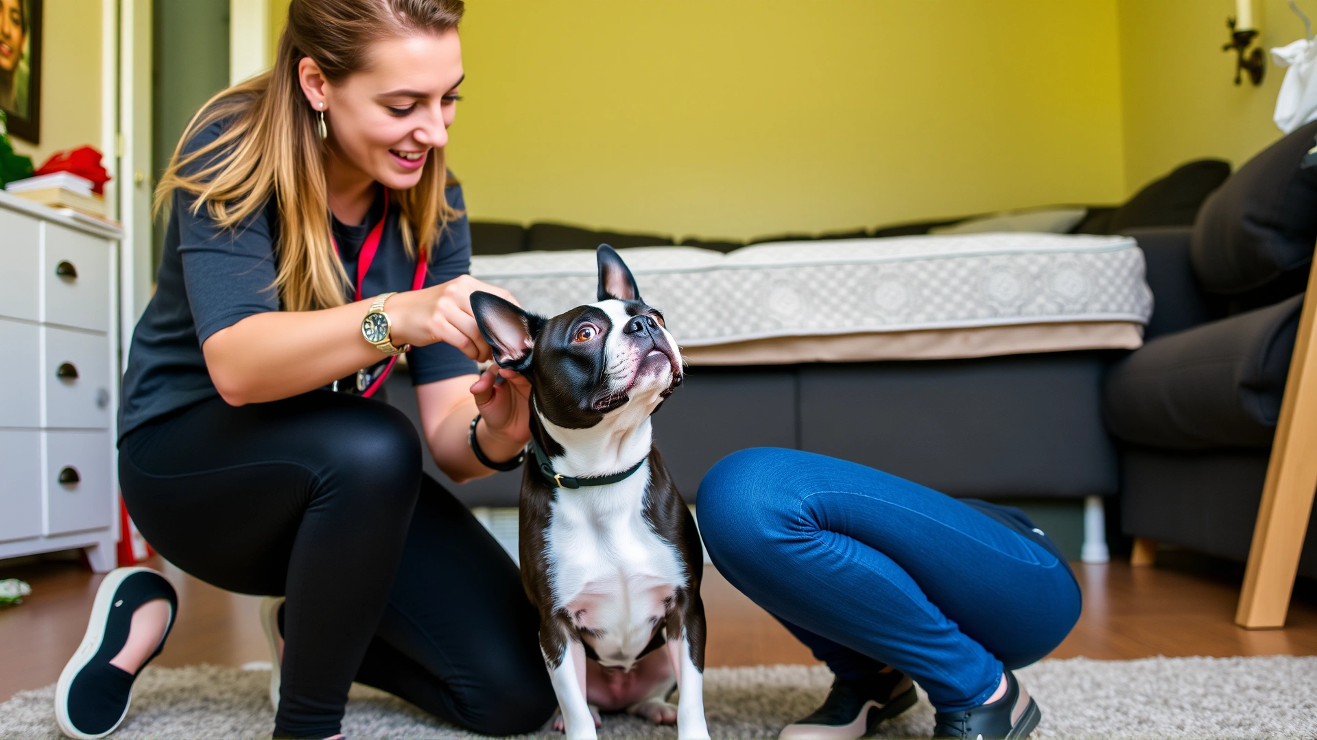 Dog trainer kneeling and giving a treat to an attentive Boston Terrier in a home setting.