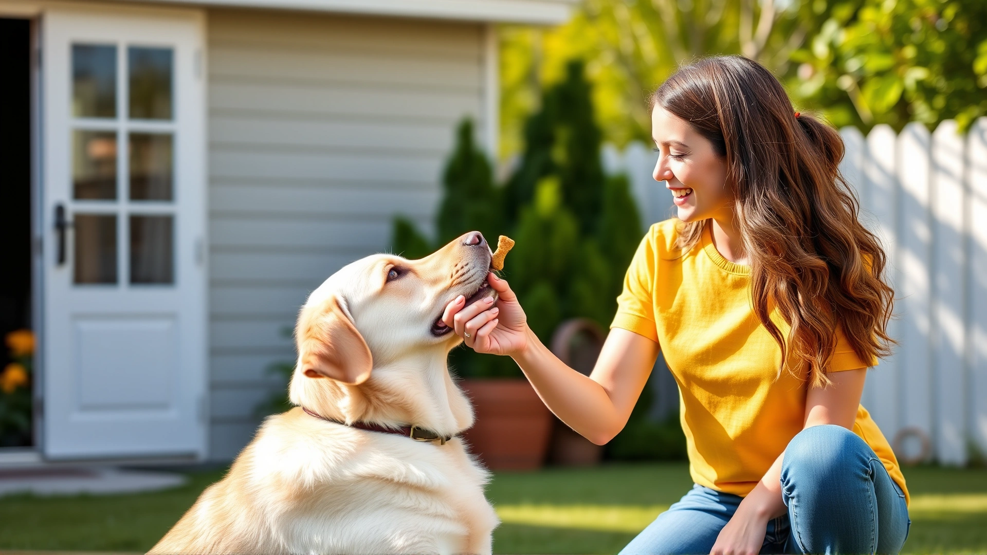 Young woman holding a clicker and treat, training her yellow Labrador to sit in a backyard, bright afternoon light, positive atmosphere