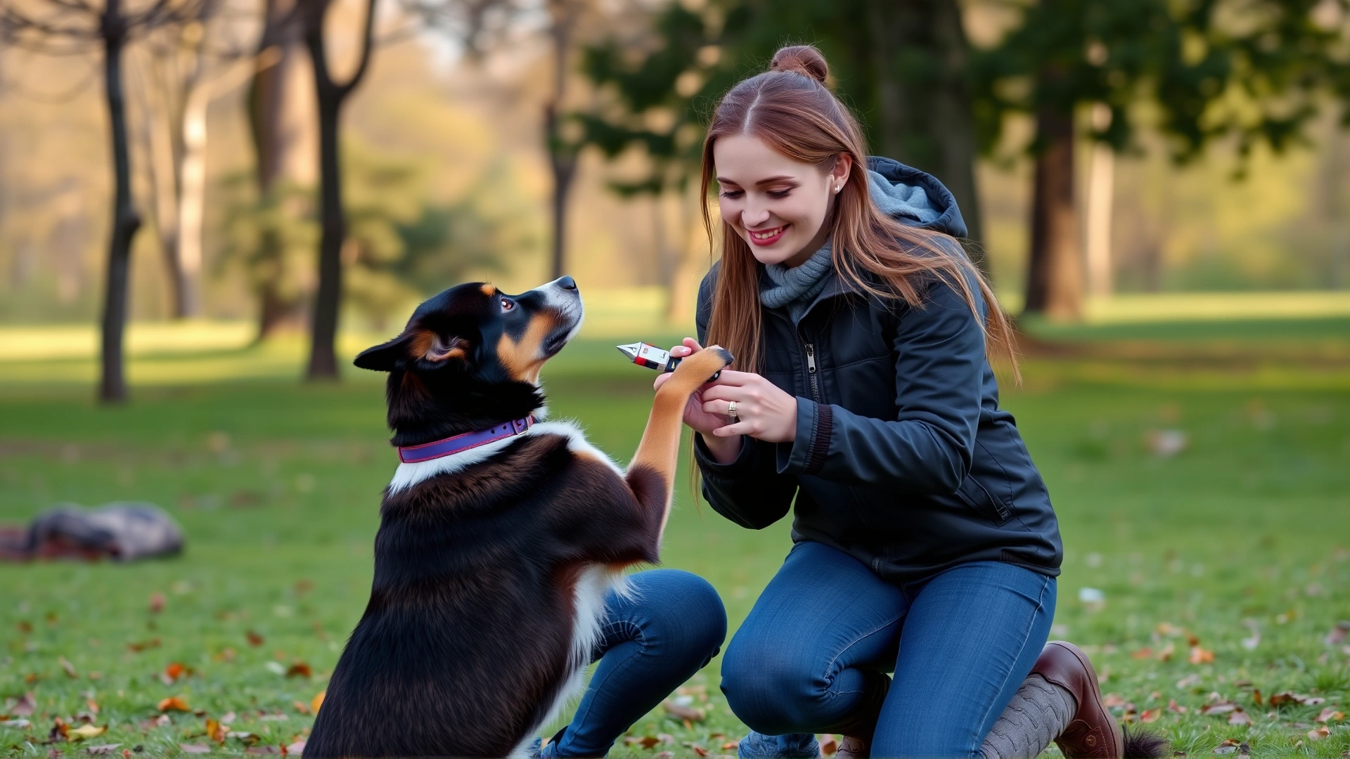 Young woman kneeling in a park teaching her mixed-breed dog to give paw during a positive training session, clicker in hand