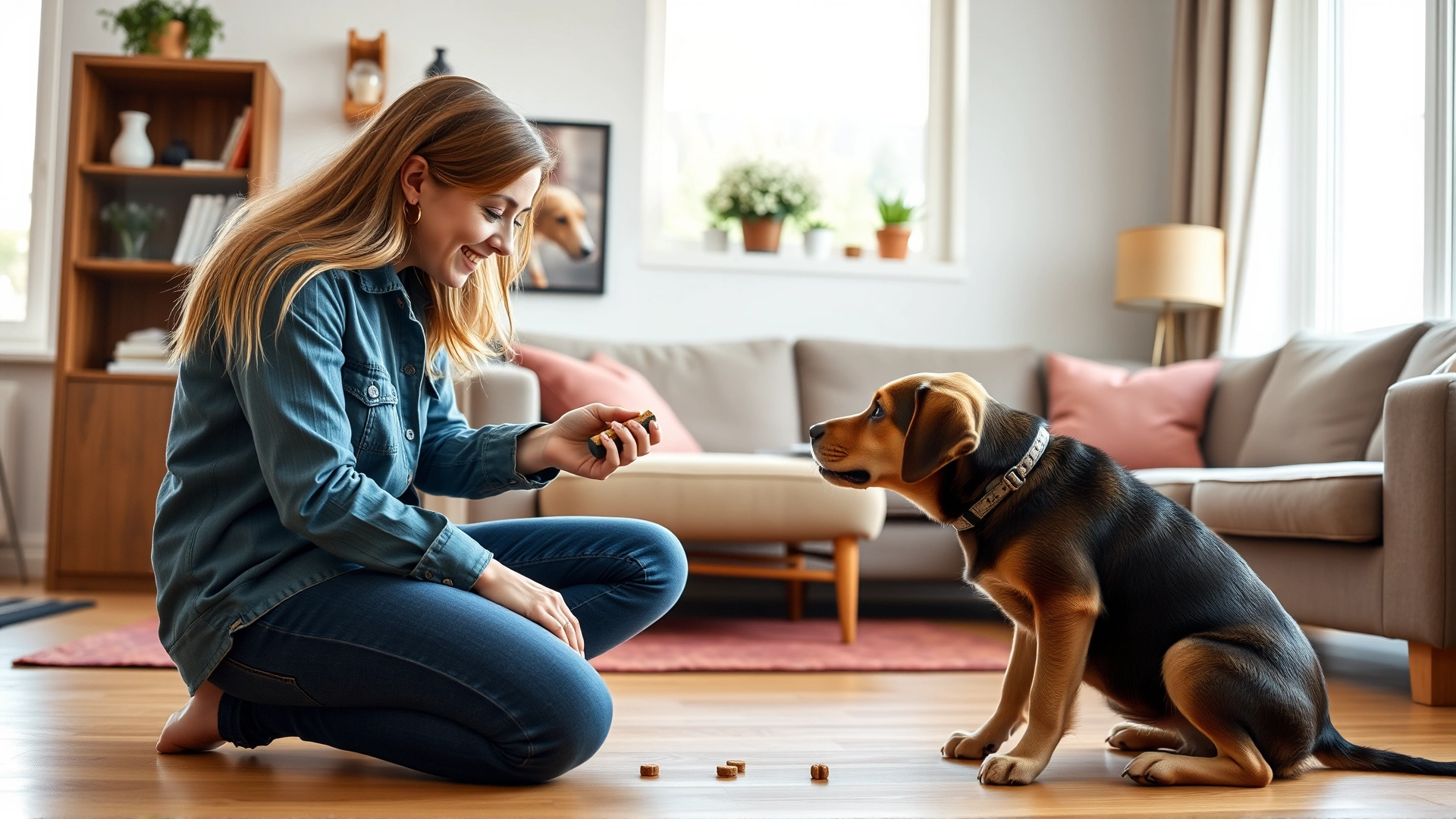 Young woman kneeling in a living room training a Labrador puppy with a clicker and treats, bright natural light