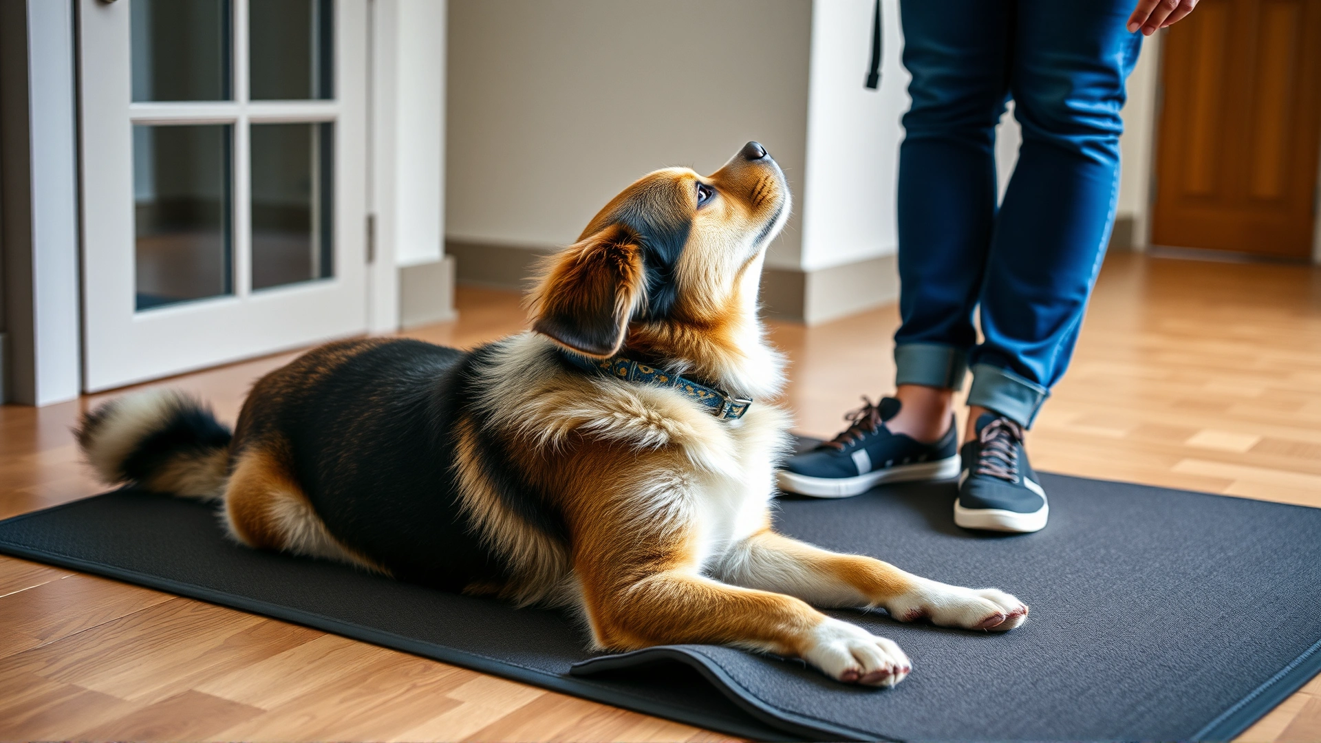 Owner standing a few feet away from a dog lying calmly on a designated mat, hand raised in a positive reinforcement gesture.