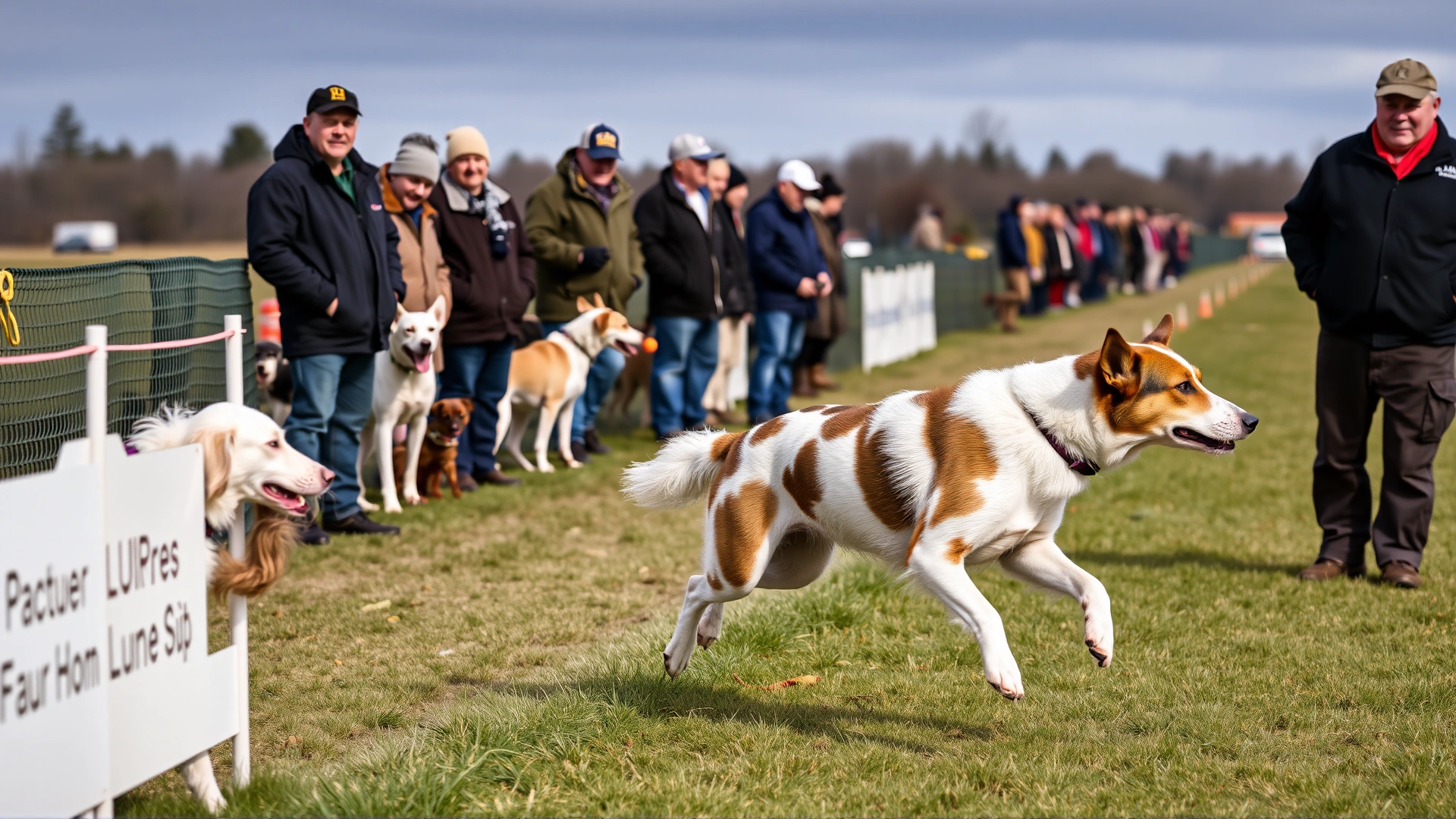 Dog owners lined up with their dogs beside a lure coursing track, one trainer releasing a young dog for a short practice run.