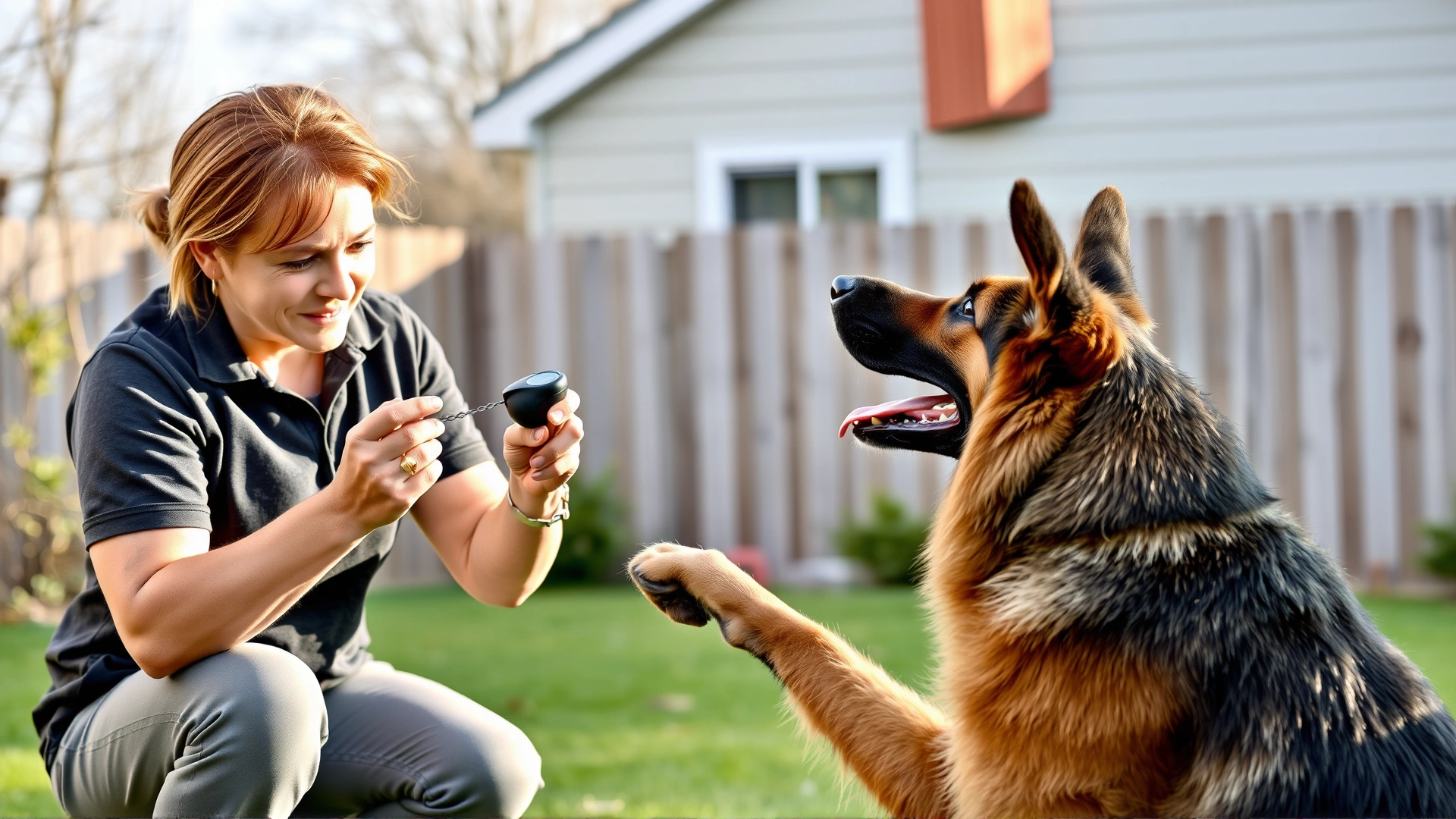 A professional dog trainer in a backyard showing a clicker and rewarding a German Shepherd for obeying a command, displaying structured training.