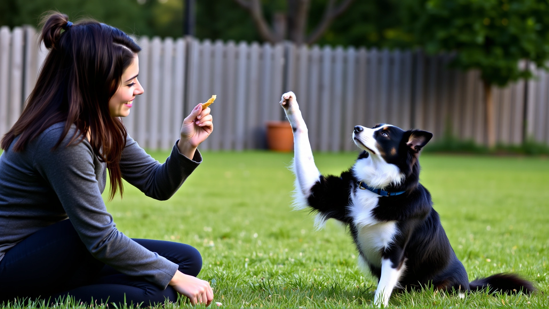 Young woman kneeling in her backyard, holding a treat while her attentive Border Collie raises its paw during a positive reinforcement training session.