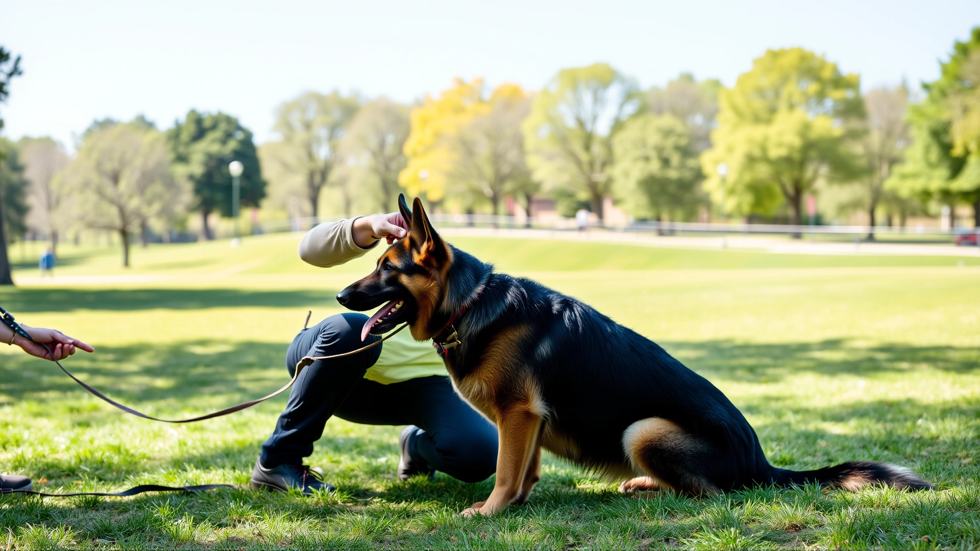 Dog trainer kneeling in a park giving a hand signal to an attentive German Shepherd on leash, sunny day, no text