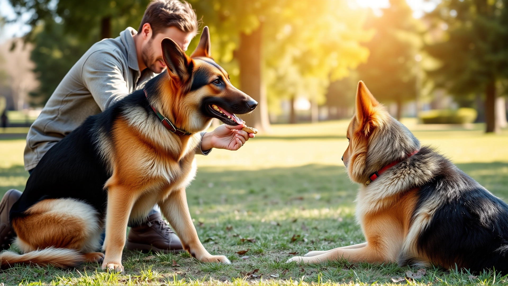 Dog owner kneeling in a park, rewarding a calm German Shepherd with a treat during an obedience training session, bright natural light.
