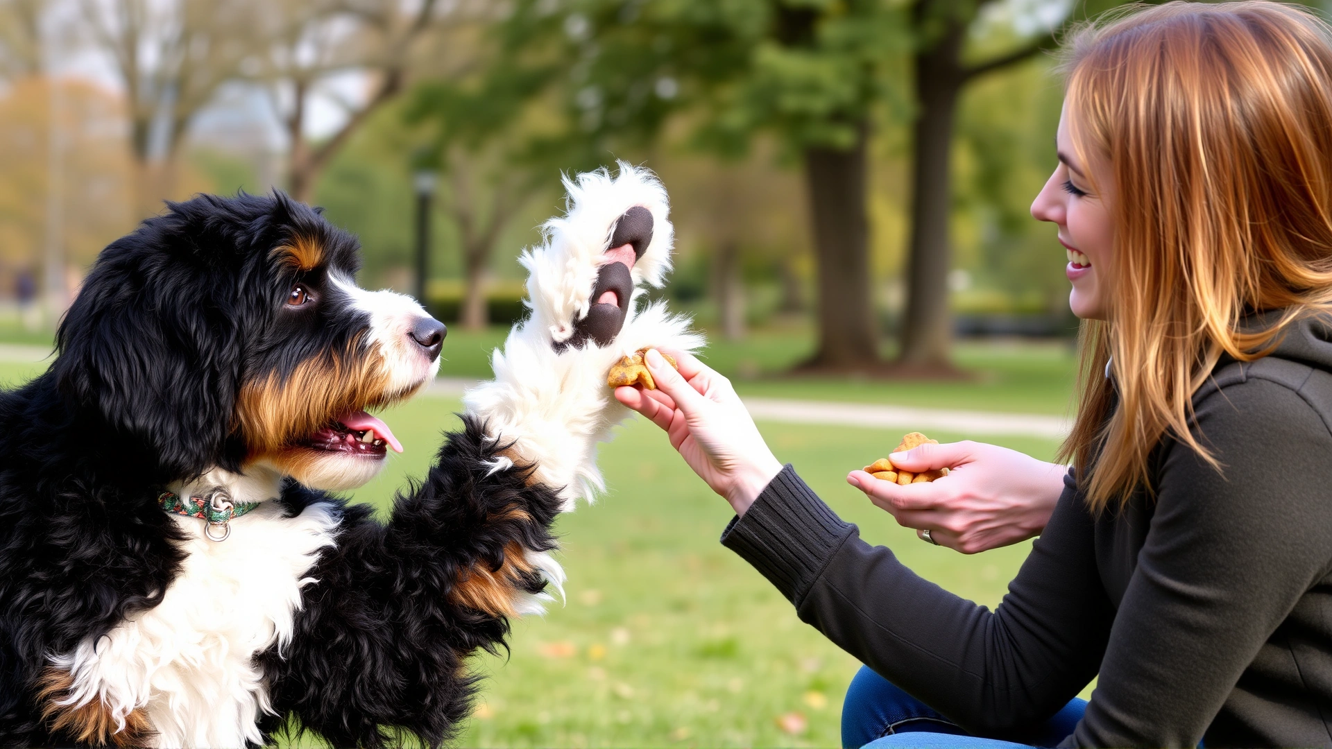 Owner giving a paw shake command to a young Bernedoodle in a park, clicker in hand and treats visible, demonstrating positive reinforcement training
