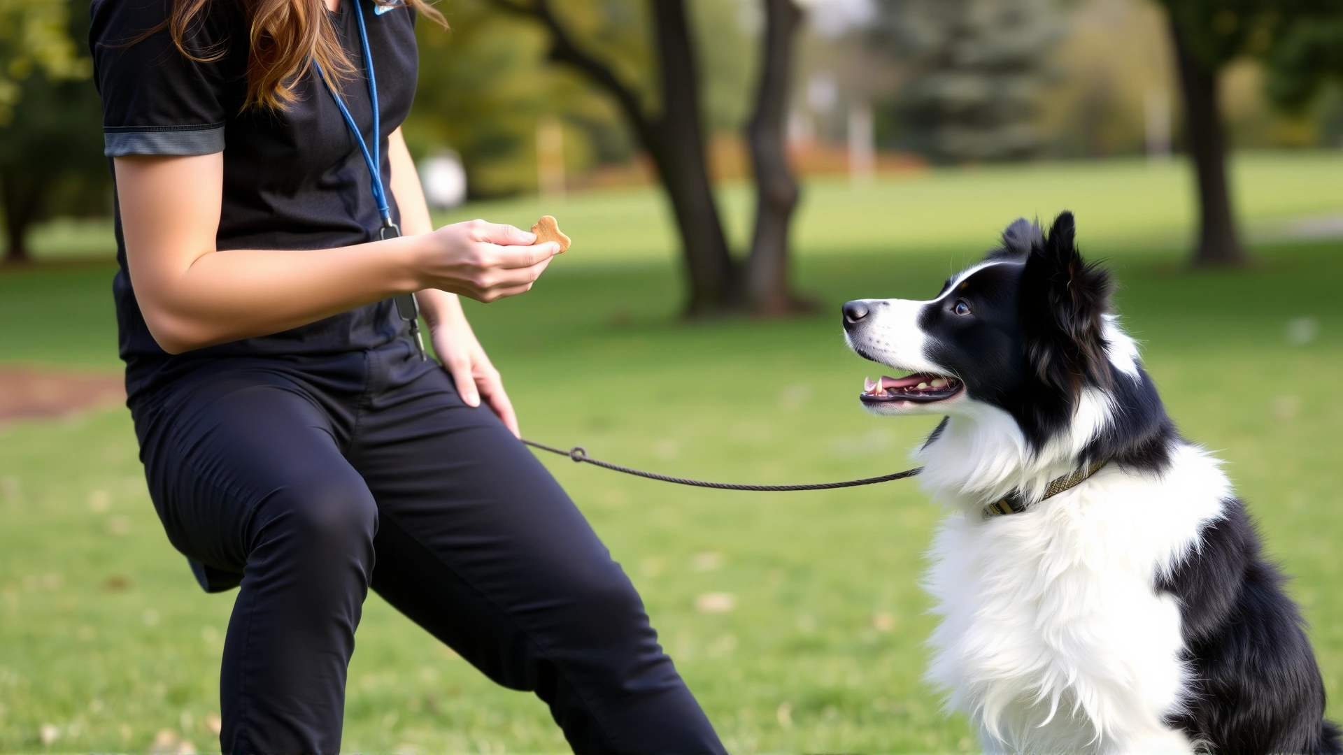 A dog trainer holding a treat while a Border Collie sits attentively during an outdoor obedience session in a park.