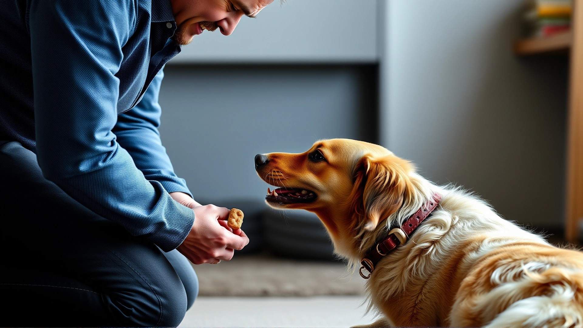 Owner kneeling and teaching a dog the 'shake' command, with treats visible in the owner's hand.