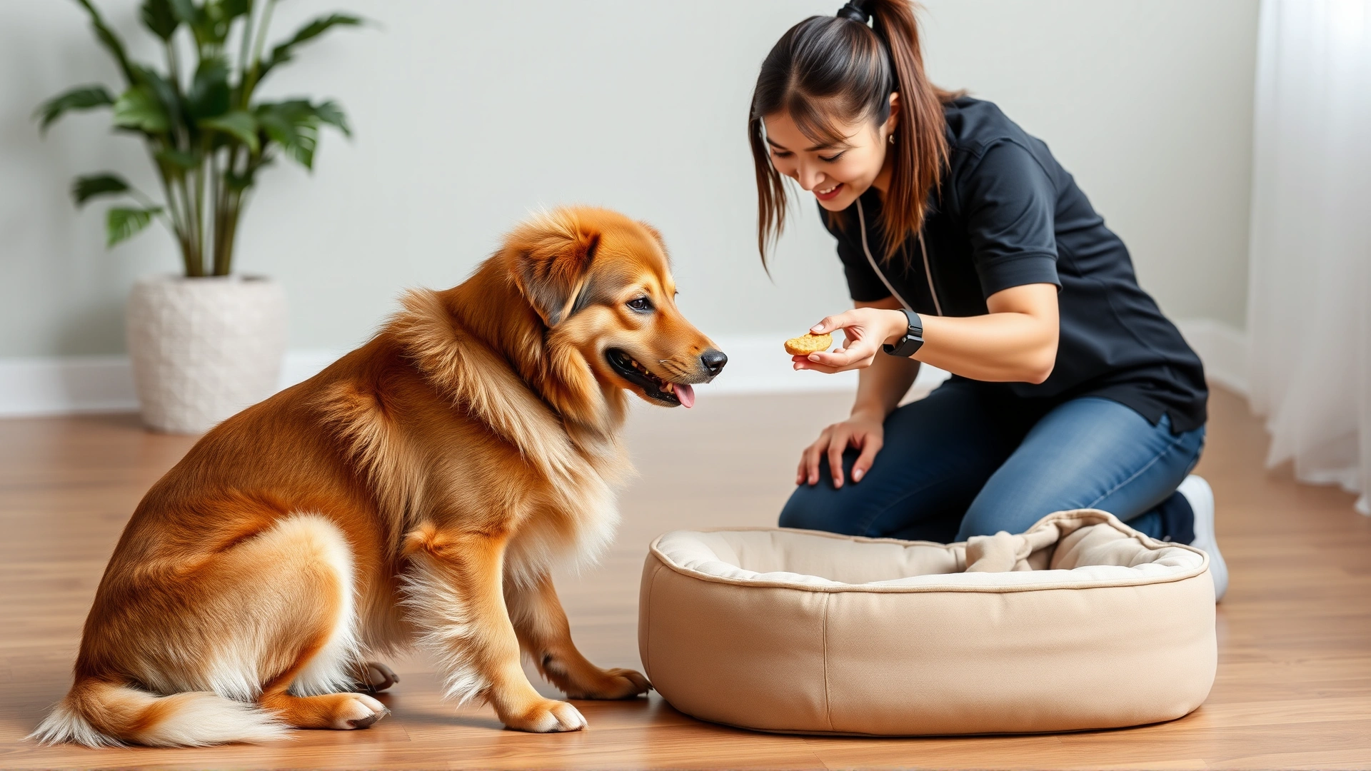 Dog trainer kneeling beside a dog, pointing to a dog bed and offering a treat, demonstrating positive reinforcement training.