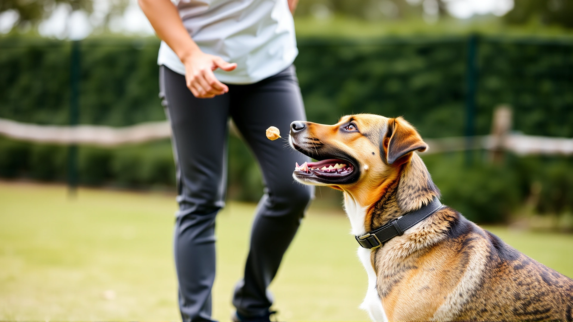 Professional dog trainer redirecting a medium-sized mixed breed dog with a treat during an outdoor obedience session