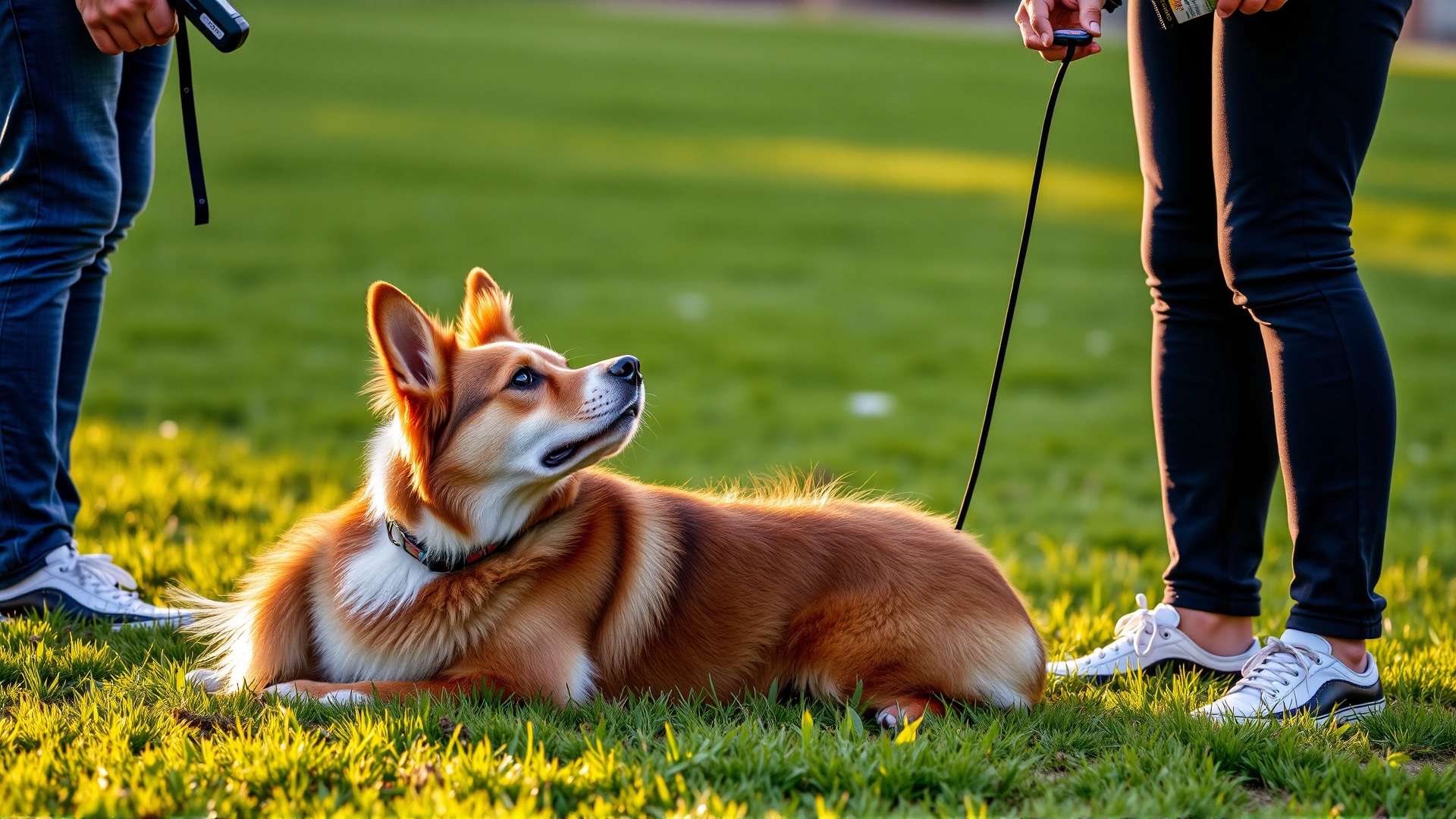 Dog and owner on a grassy lawn practicing positive-reinforcement training with treats and a clicker; the dog looks more confident under golden hour light.