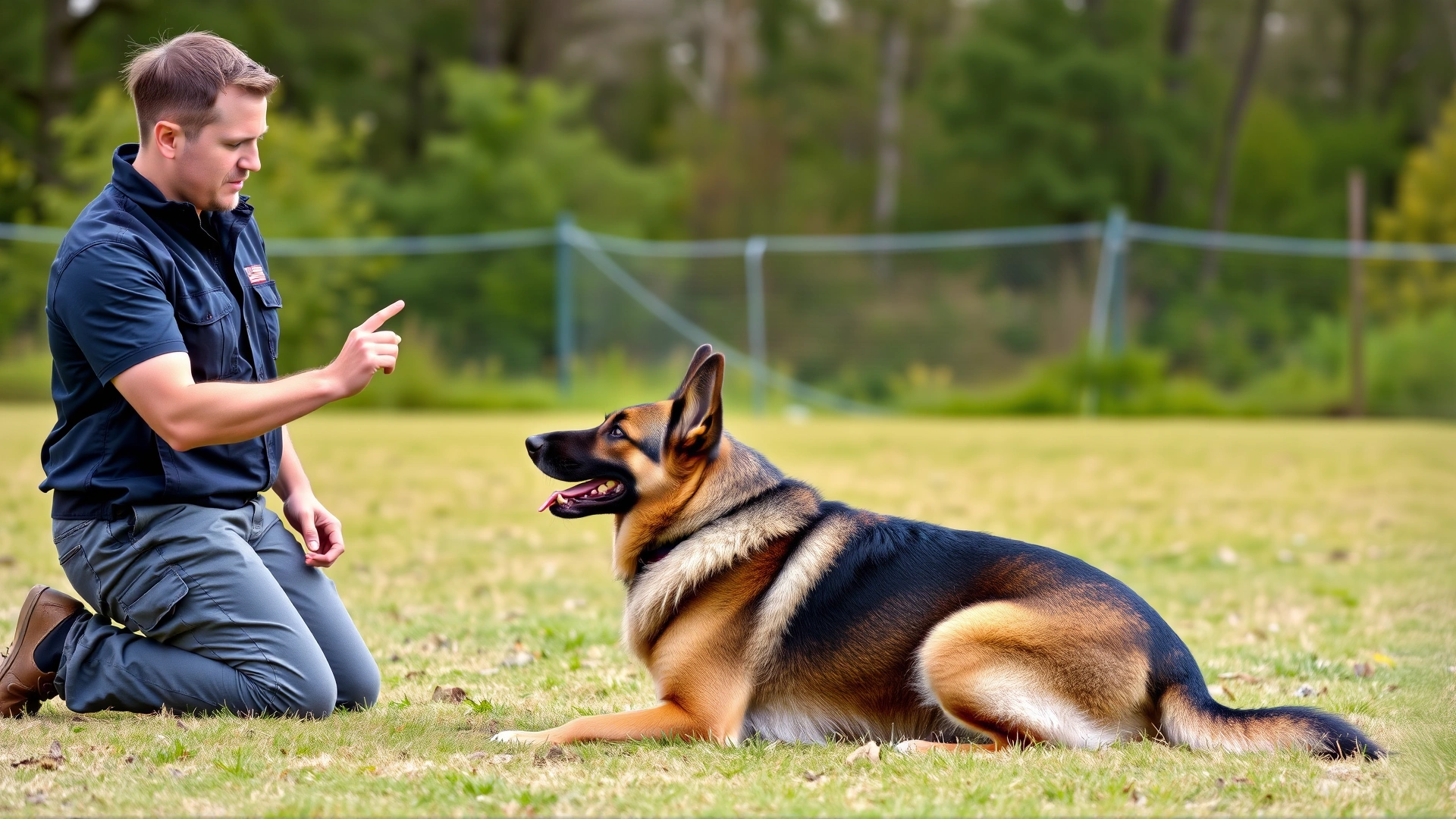 Professional dog trainer kneeling while giving a hand signal to a focused German shepherd during an outdoor obedience class