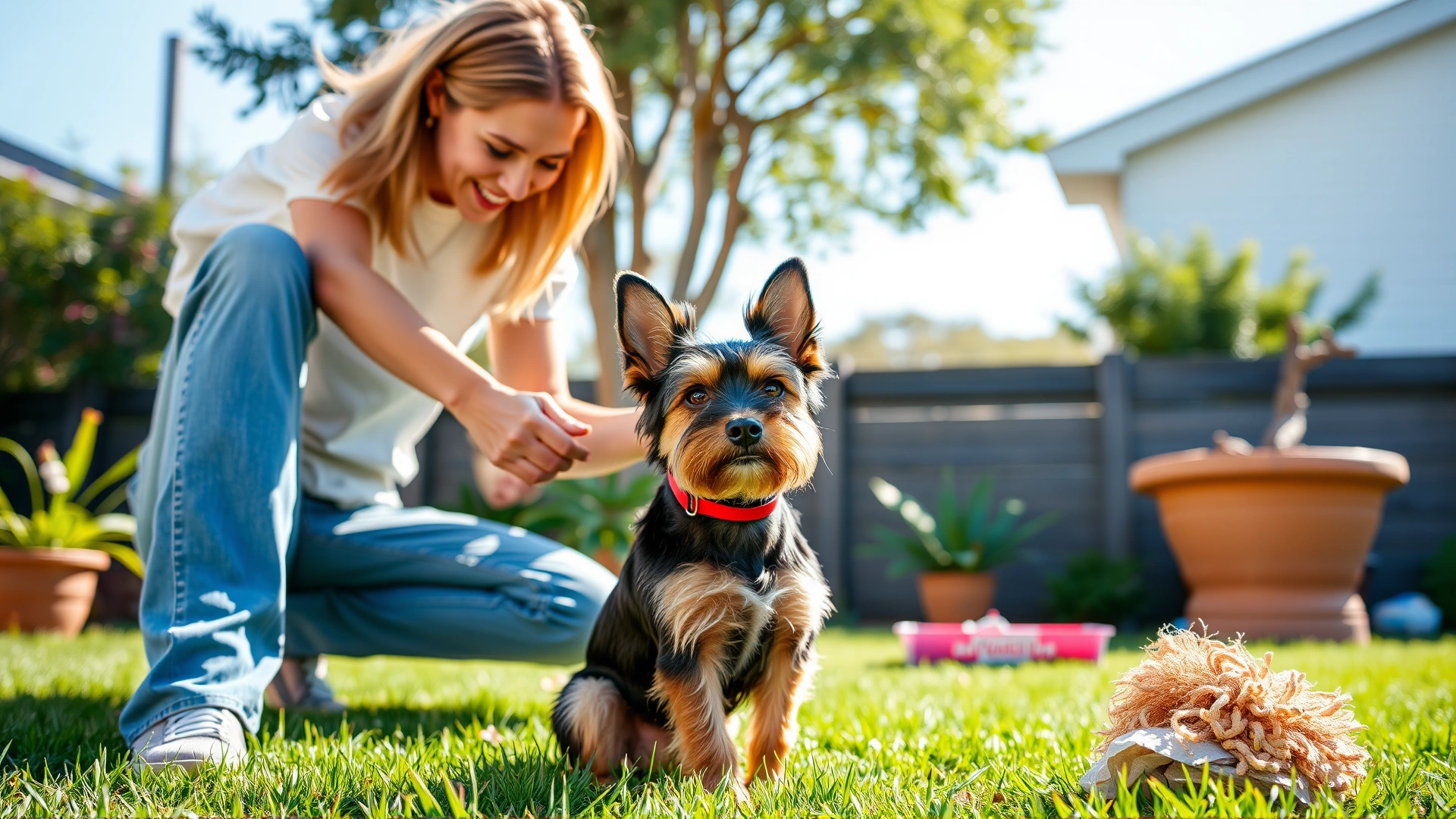 Owner teaching a young Biewer Terrier the “sit” command in a sunny backyard using positive-reinforcement treats.