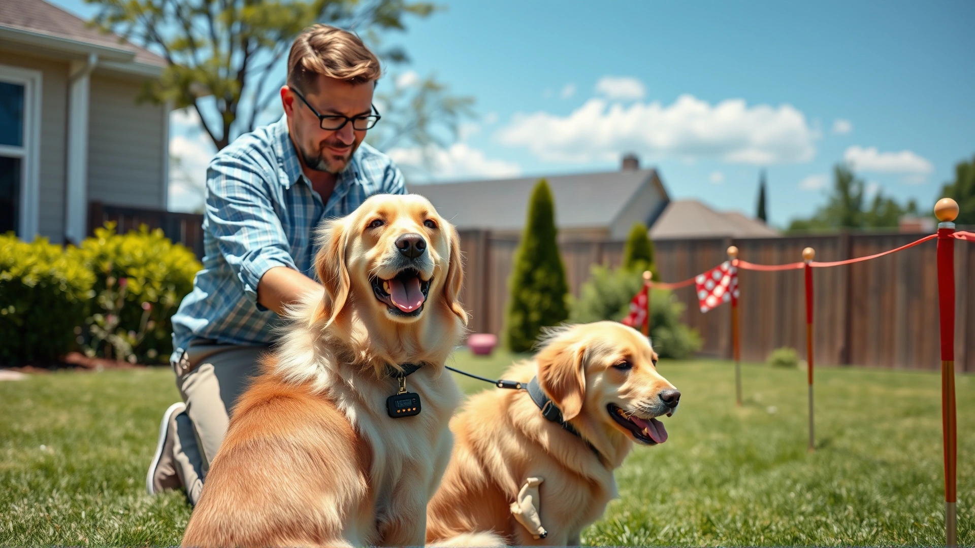 Owner kneeling in backyard showing a golden retriever the boundary flags while the dog wears an electronic collar, sunny day, suburban setting.