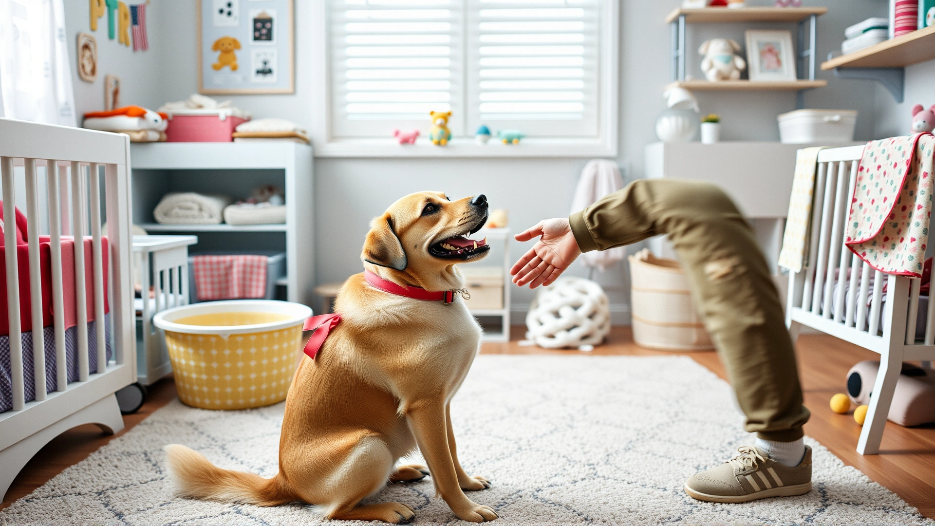 Dog owner practicing the 'sit' command with their dog inside a nursery room filled with baby items
