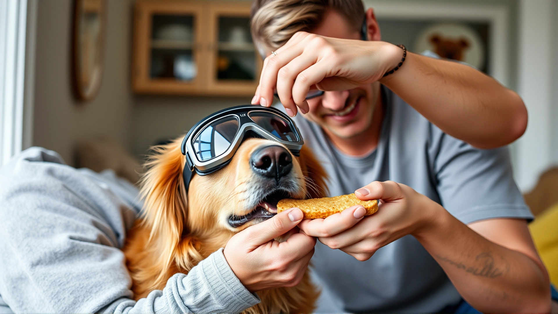 Owner gently fitting goggles on a Golden Retriever indoors while giving the dog a treat.
