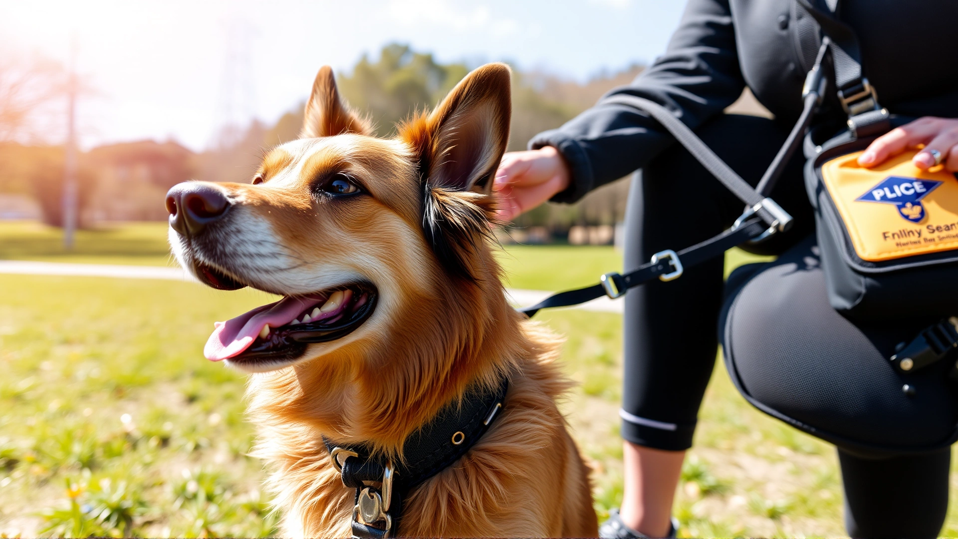 Therapy dog undergoing obedience training with handler wearing an official vest in a sunny park