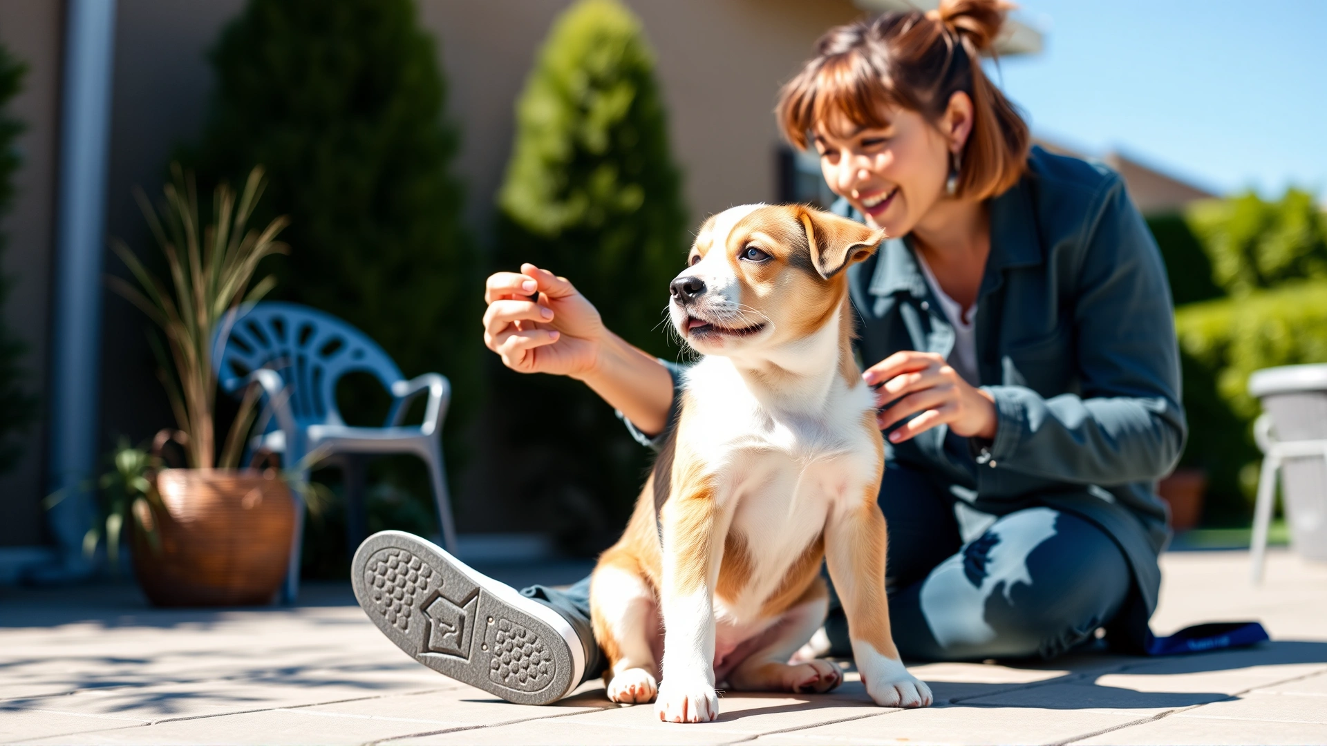 Owner holding treat while teaching a sitting command to a puppy in a sunny backyard, positive reinforcement vibe