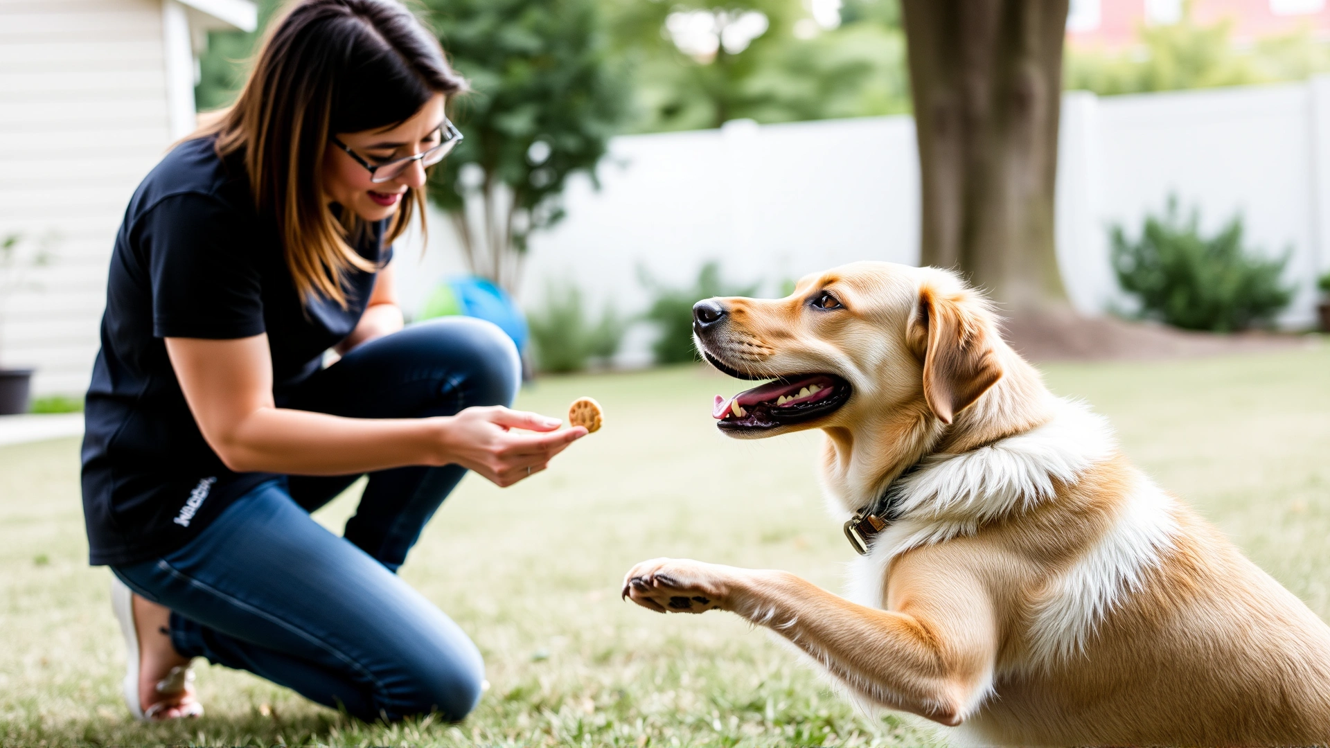 Dog and trainer practicing desensitization exercise with treats in a quiet backyard