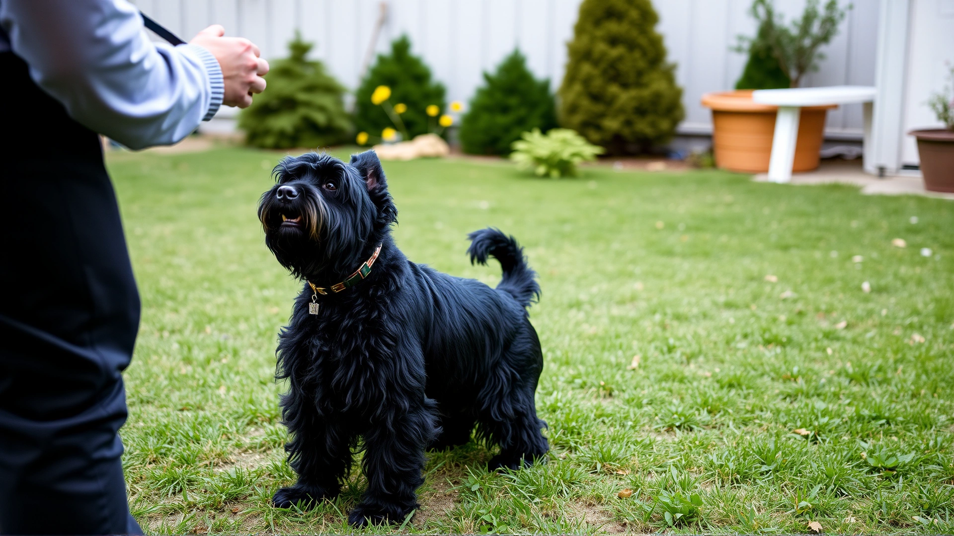 Owner practicing obedience training with a Black Russian Terrier in a backyard; dog performing the 'sit' command attentively.