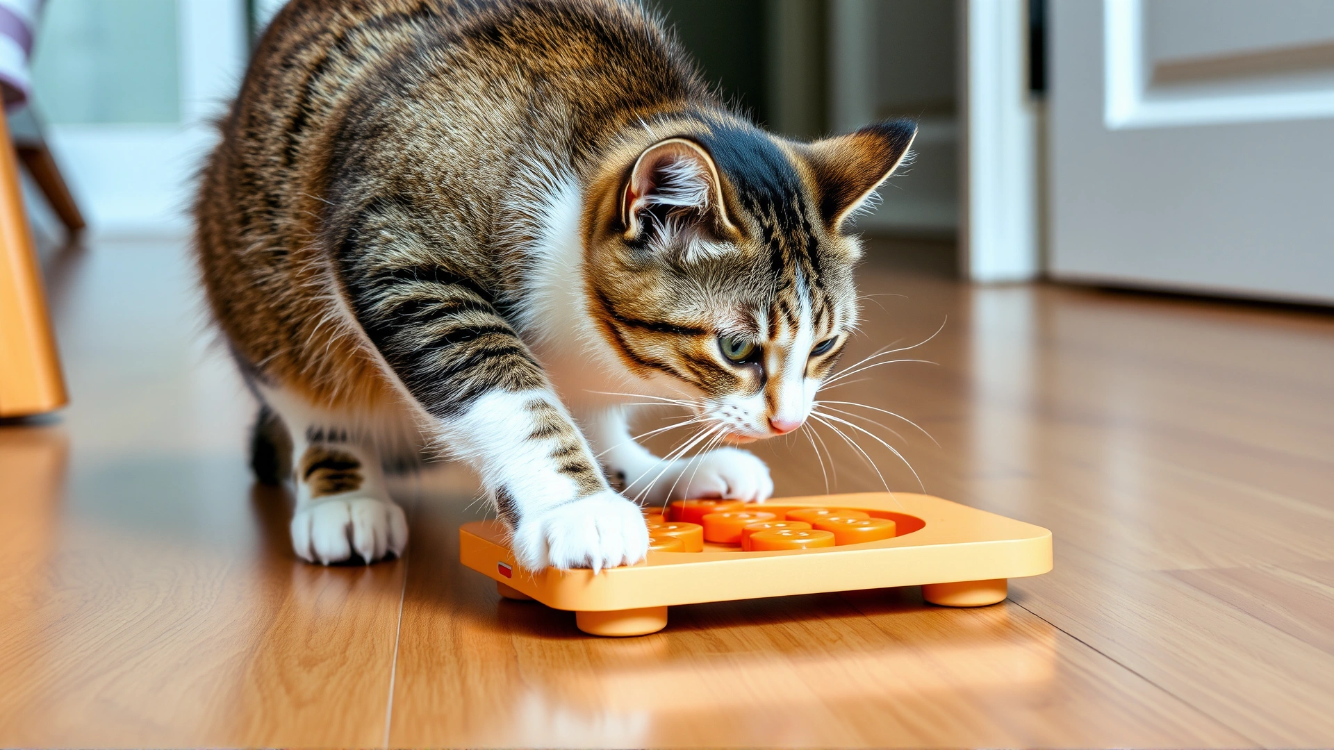 A curious cat interacting with a puzzle feeder toy on a wooden floor, illustrating mental stimulation.
