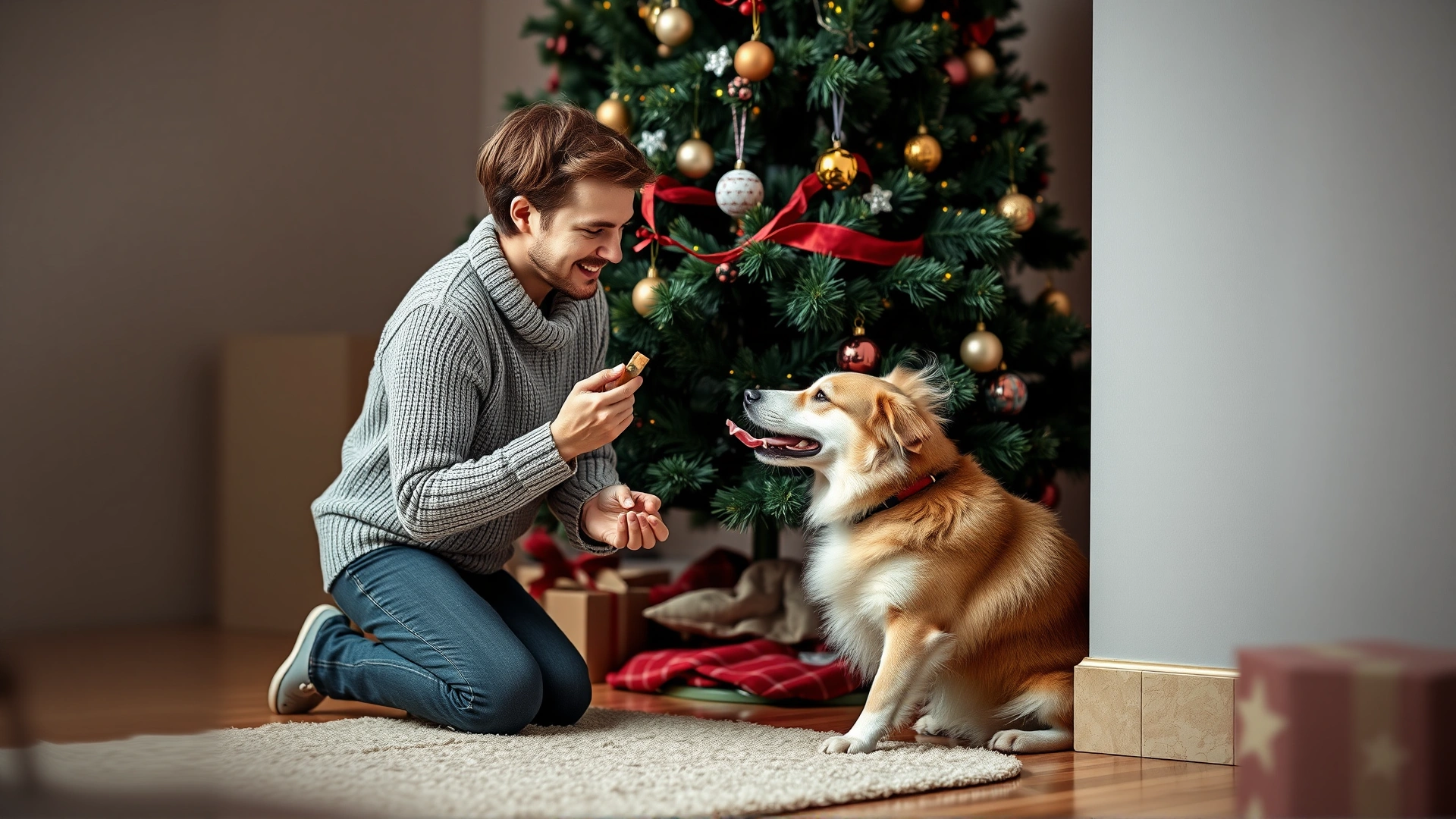 Dog owner kneeling next to Christmas tree using treats to train dog to stay away, positive interaction.