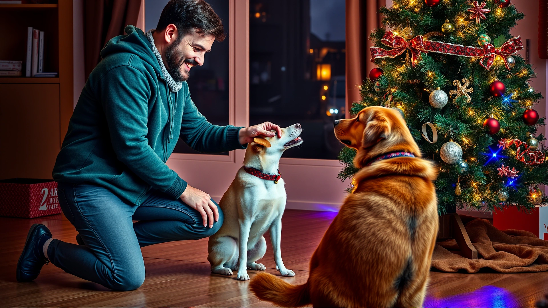 Dog owner kneeling beside a Christmas tree, giving a treat to a dog that is sitting obediently at a safe distance from the tree.