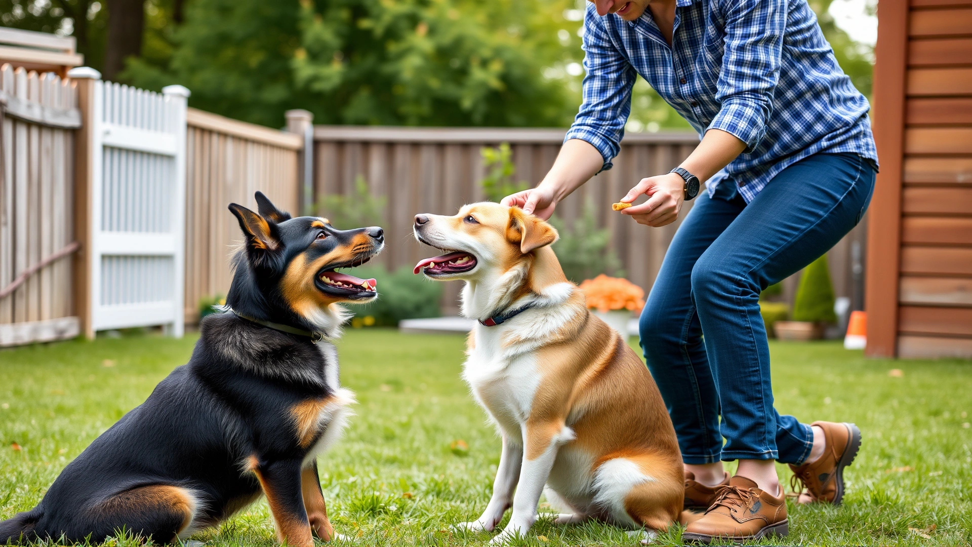 A positive reinforcement training session in a backyard, a trainer giving a treat to a happy dog sitting on command