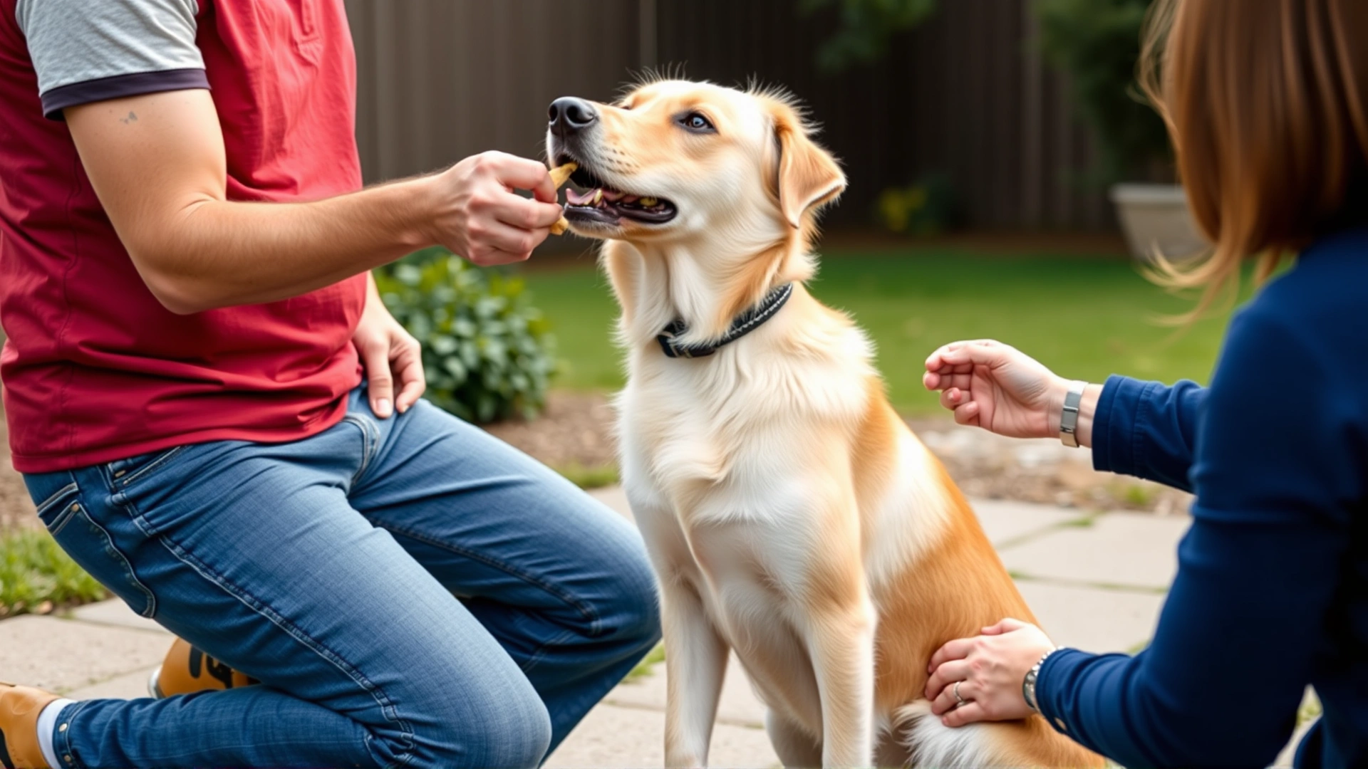 Owner kneeling and offering a treat to a medium-sized dog performing a sit command in a backyard; positive training vibe.