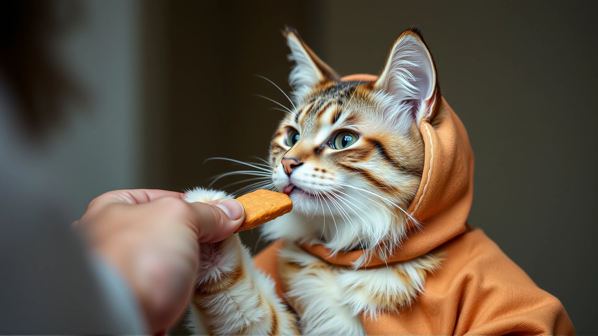 A cat receiving a treat from its owner while wearing only a small portion of a costume, showing gradual acclimation