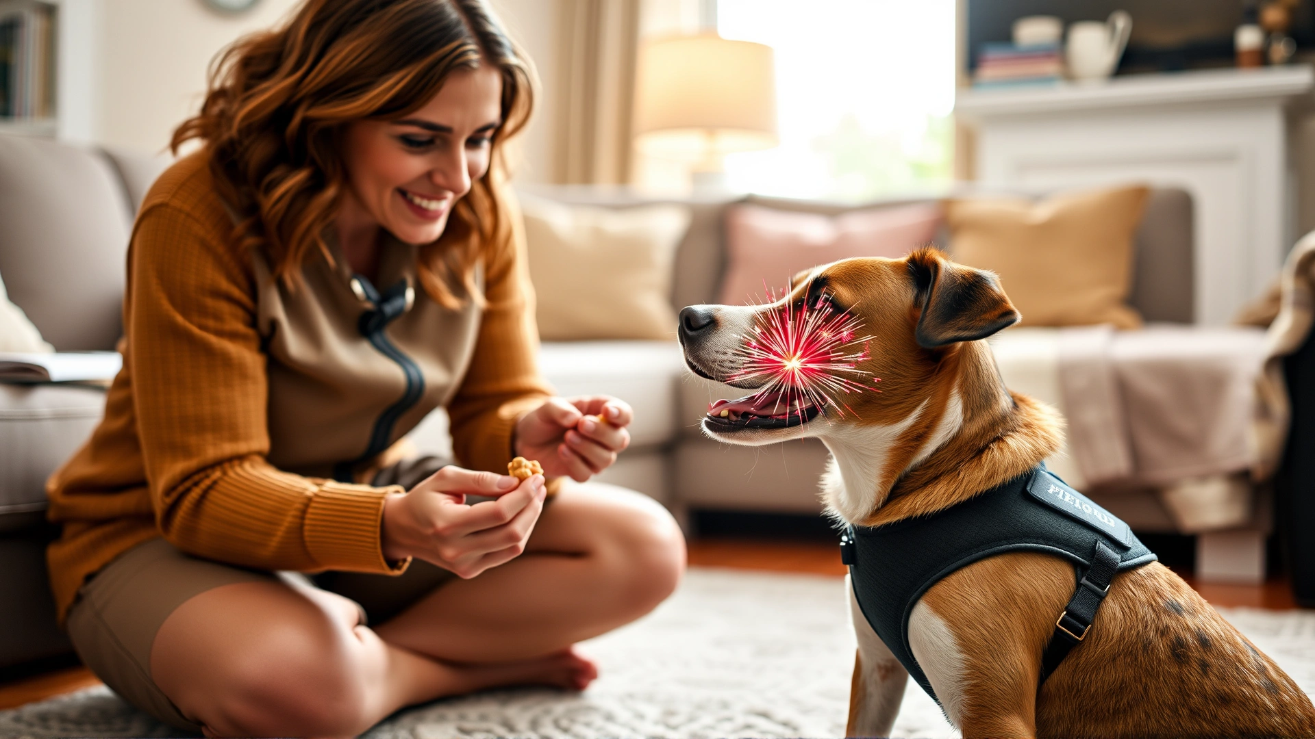 Dog owner using treat rewards while playing low-volume fireworks sounds from a speaker, dog wearing calming vest in cozy living room.