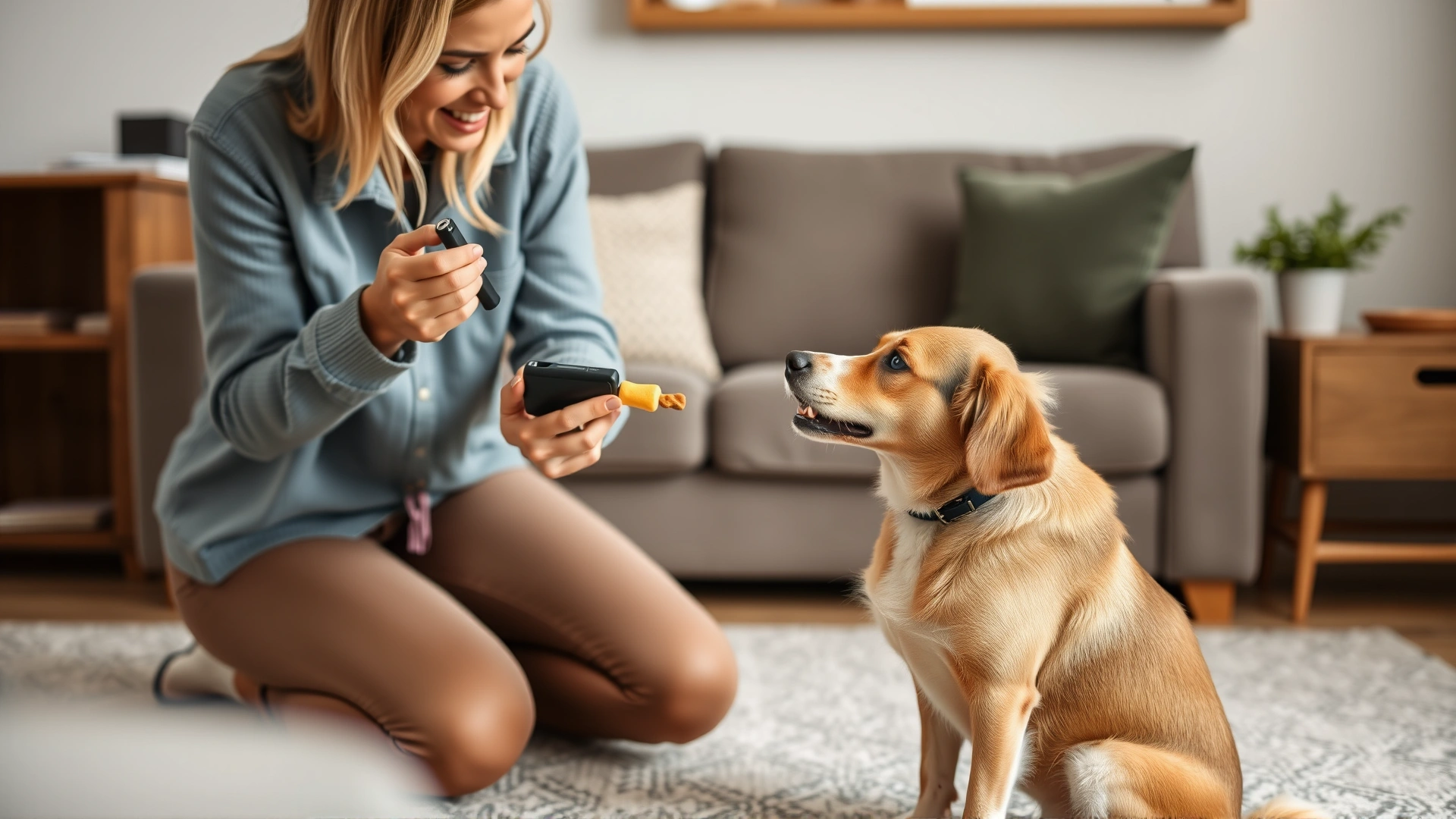 Female dog trainer holding a clicker and treat while an attentive dog sits in a cozy living room, natural lighting, no text on image