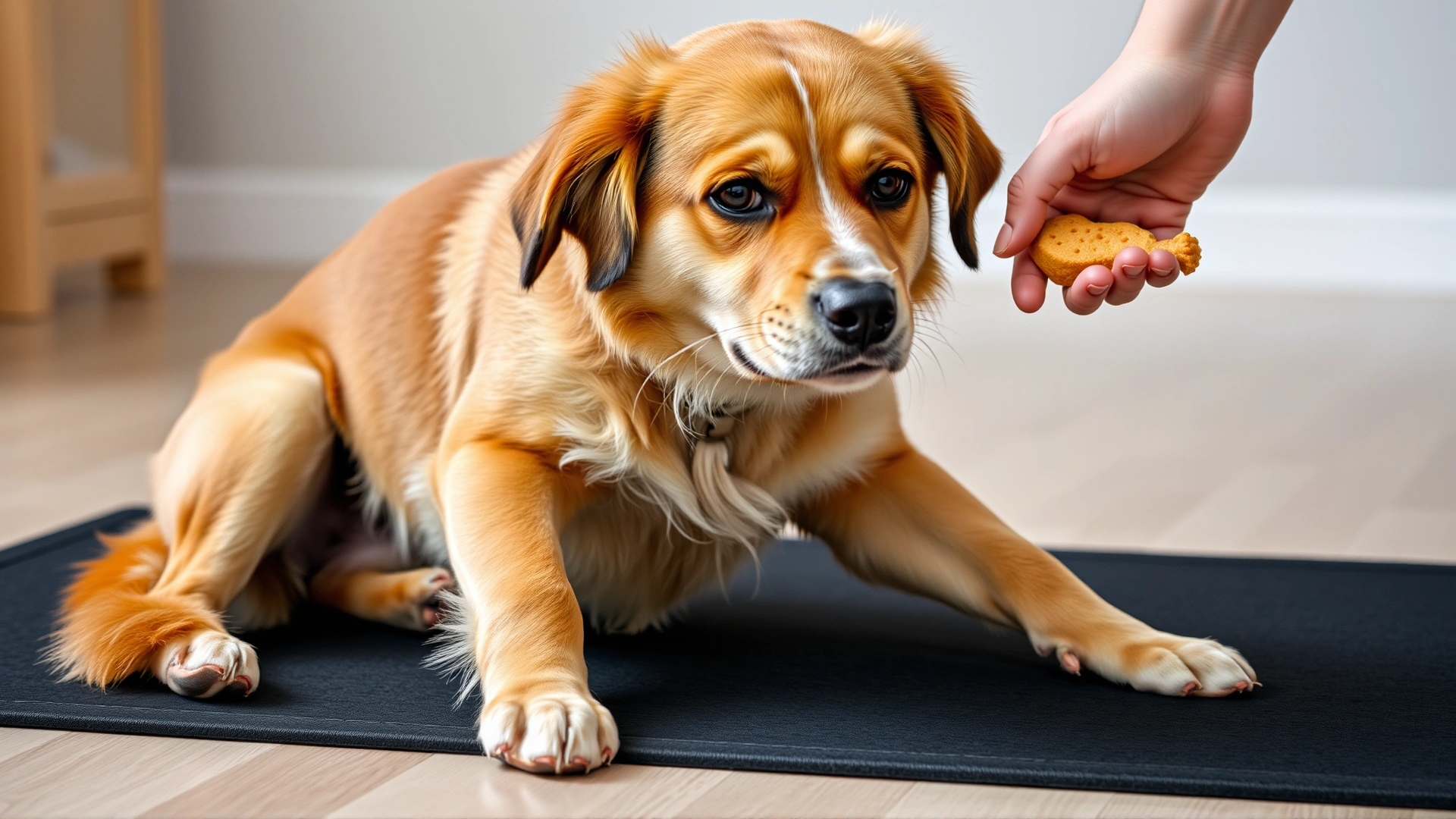 Medium shot of a medium-sized dog transitioning from sit to down position on a non-slip mat, treat clearly visible in owner's hand, indoor setting, no text.