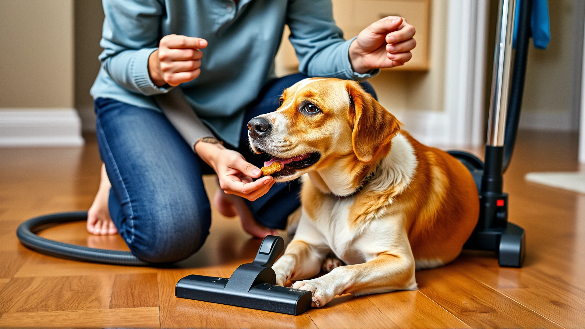 An owner kneeling on the floor offering a treat to their dog positioned next to a turned-off vacuum cleaner. Friendly atmosphere, no text.