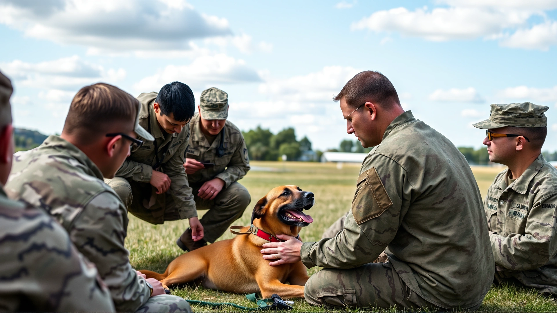 Army veterinarian demonstrating canine first aid to a group of dog handlers in camouflage uniforms on a training field