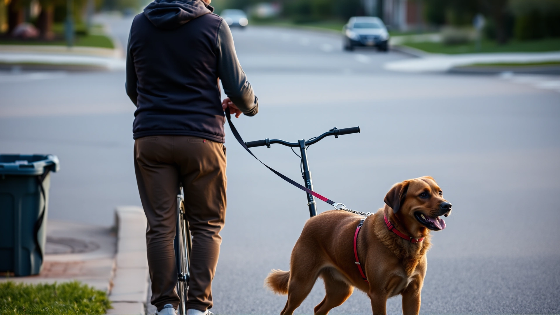 Owner walking beside a bicycle while training their dog on leash attachment in a quiet suburban street, calm atmosphere, no text.