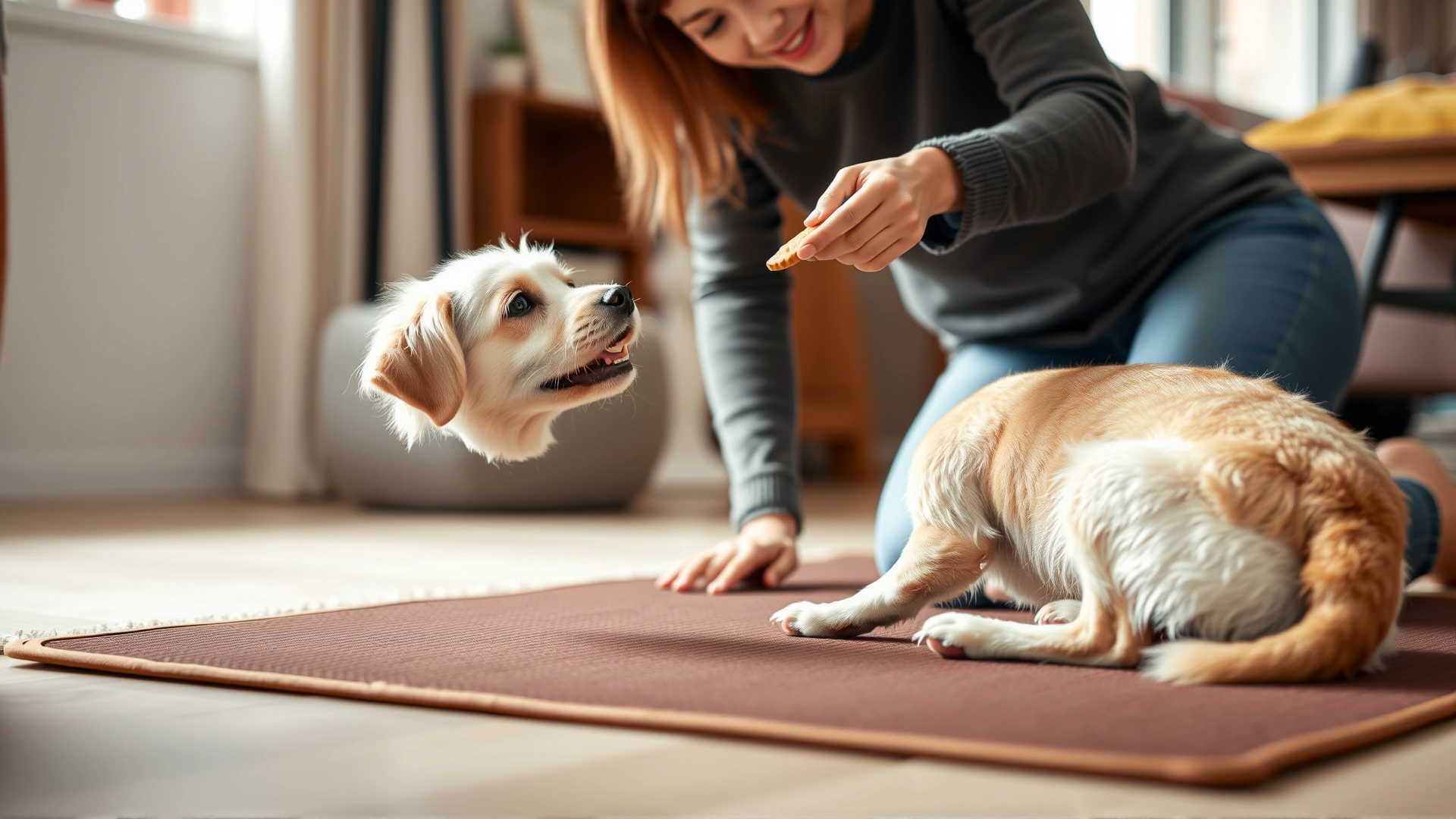 Dog owner kneeling on a non-slip mat, offering a treat while the dog performs a trick, cozy home environment