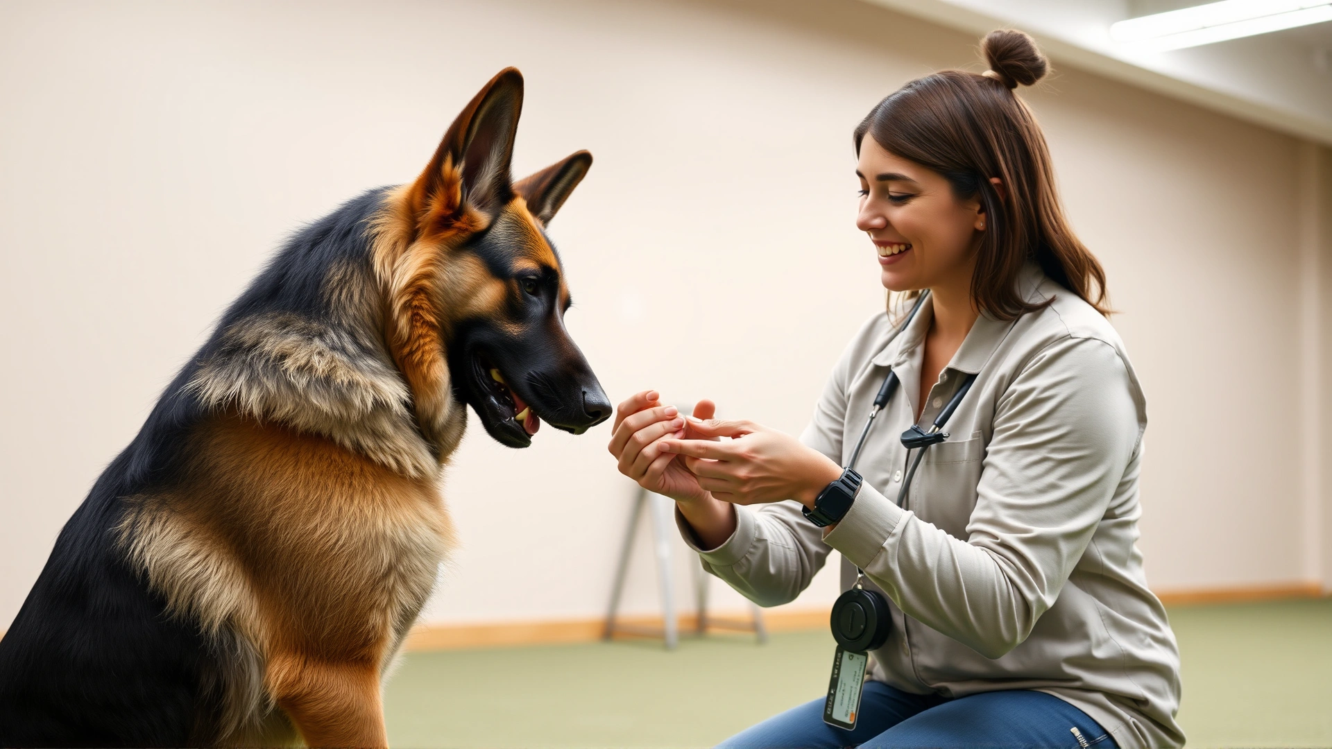 AI-generated image: Professional dog trainer practicing the “drop it” command with a German shepherd in an indoor training facility, clicker and treat pouch visible, neutral background for instructional clarity