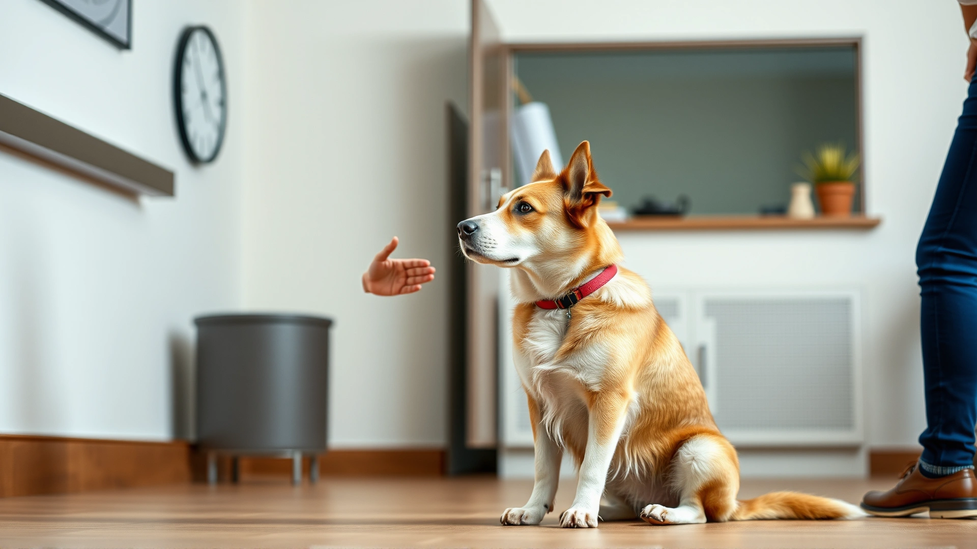 Calm indoor training scene where an owner is giving a seated dog a gentle hand signal, both focused and relaxed.
