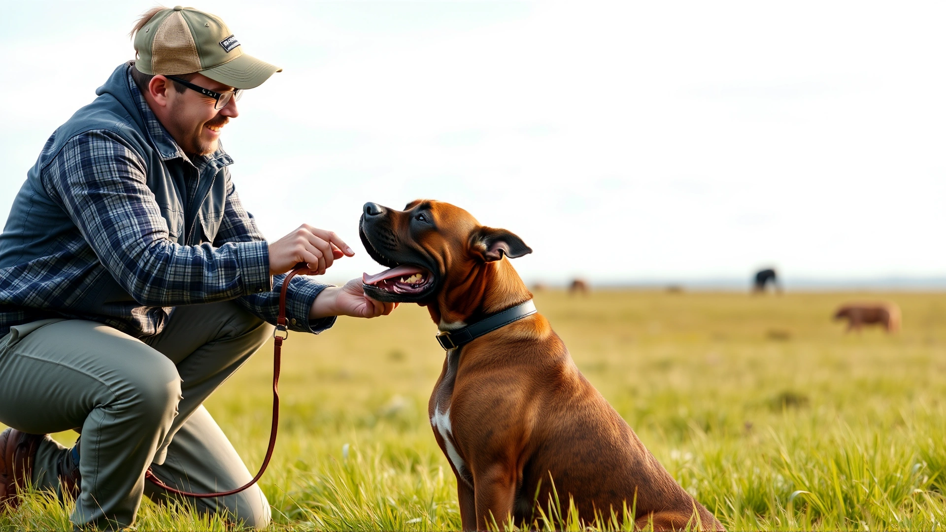 Experienced dog trainer giving obedience commands to a young Boerboel in an open grassy field, using treats and a clicker
