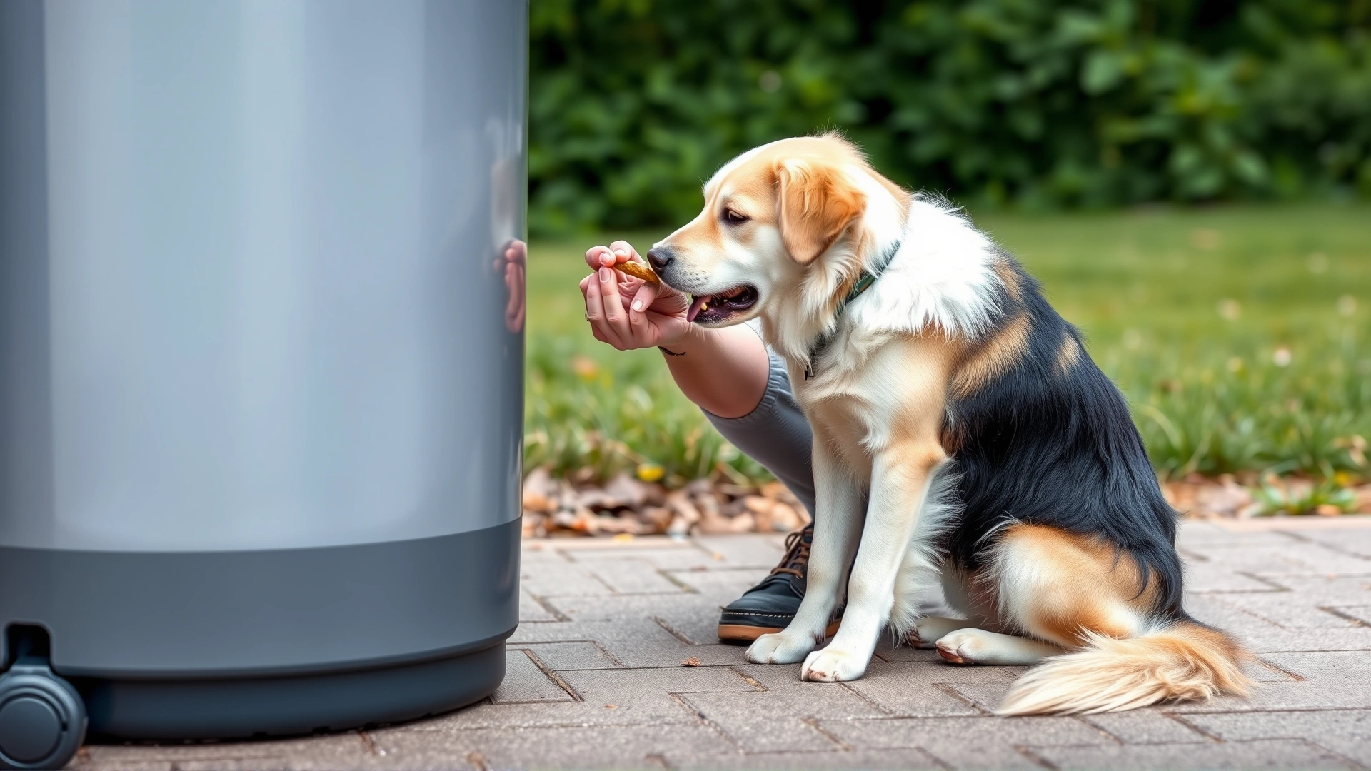 Pet owner kneeling beside a closed trash can, giving a treat to a sitting dog while practicing the