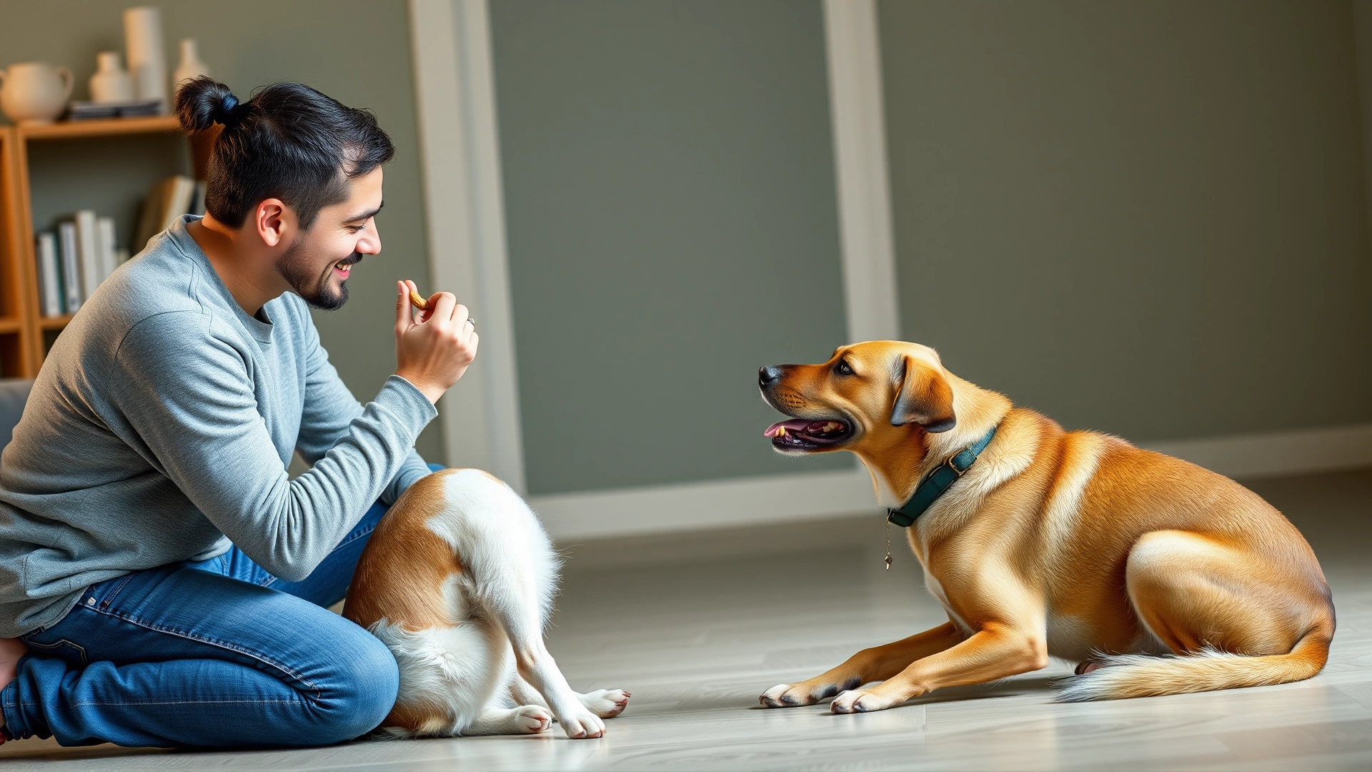 Owner kneeling and giving a treat to a sitting dog during a calm indoor training session, positive reinforcement context