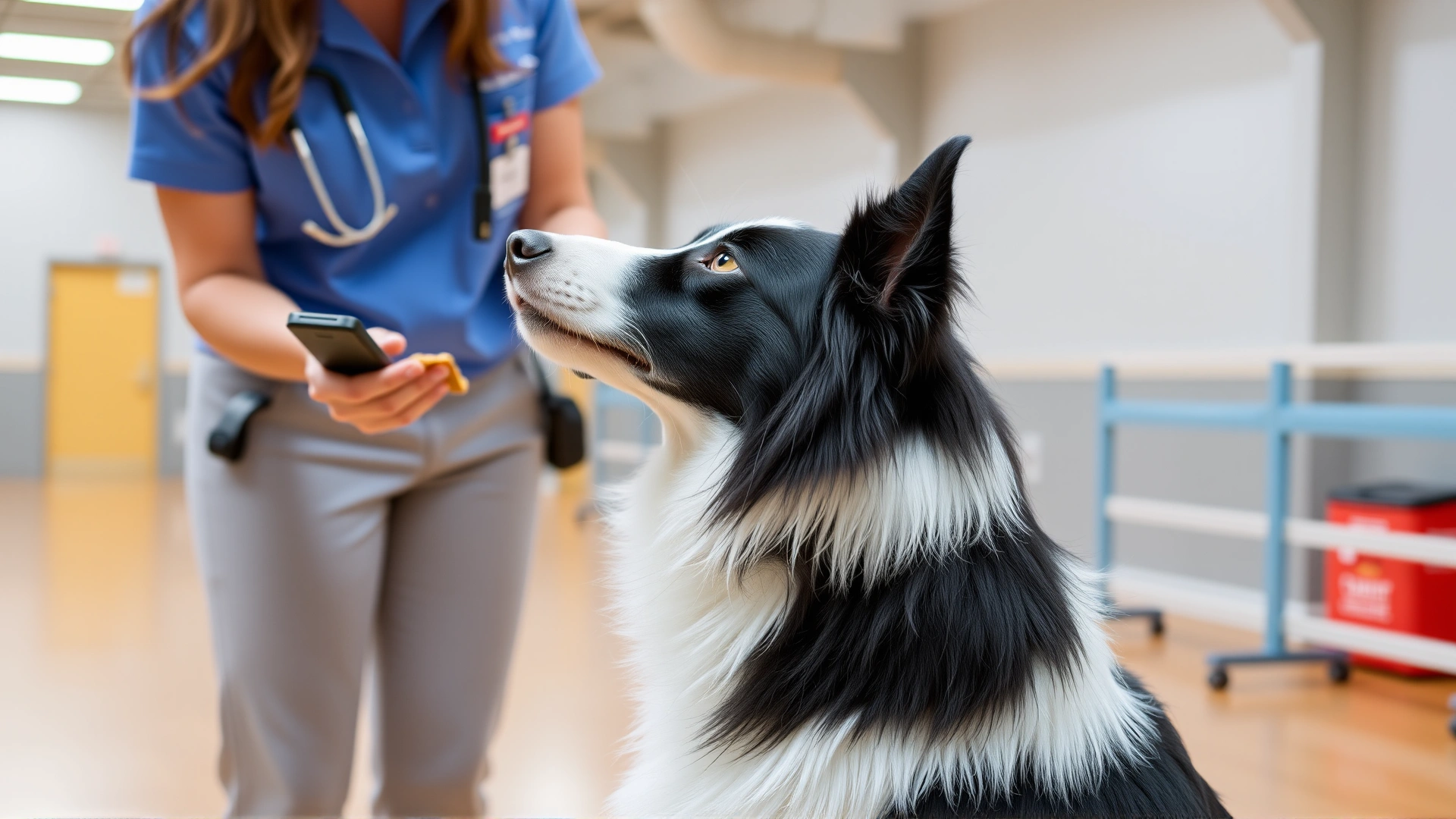 Professional dog trainer using a clicker and treats to reward a border collie for calm behavior in a training hall.